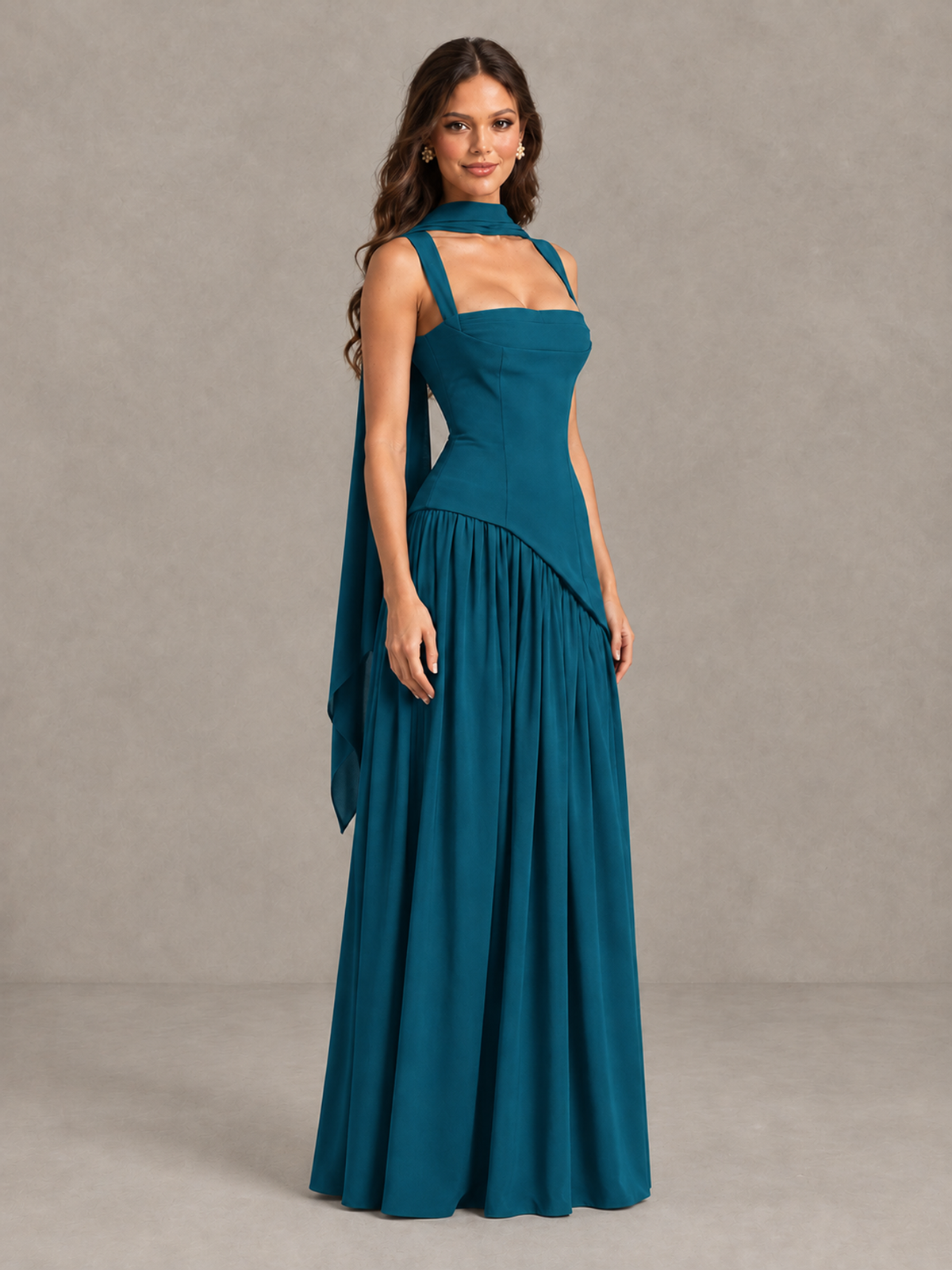 BOLODOO Peacock Brown Scarf Bridesmaid Dress with Lace-Up Back - Peacock - Peacock (3)