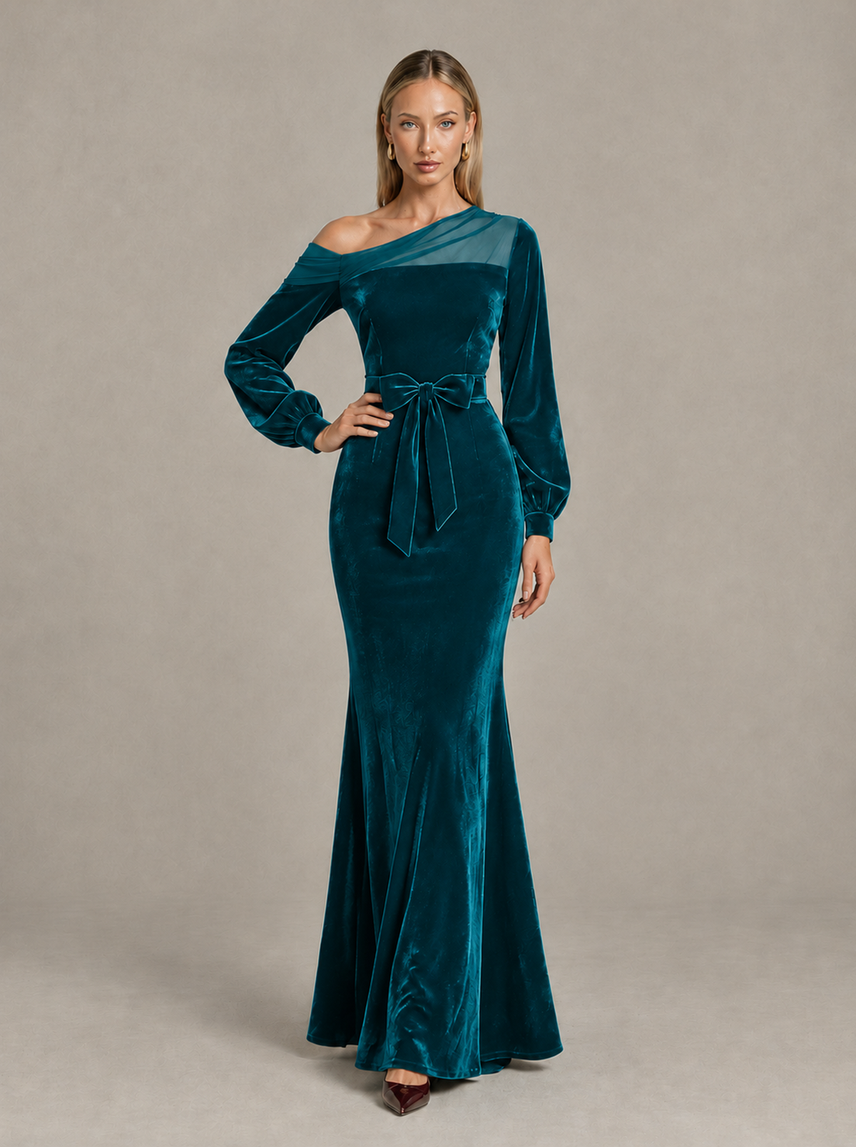 BOLODOO Peacock Velvet Mermaid Evening Dress with Long Sleeves - Peacock - Peacock (3)
