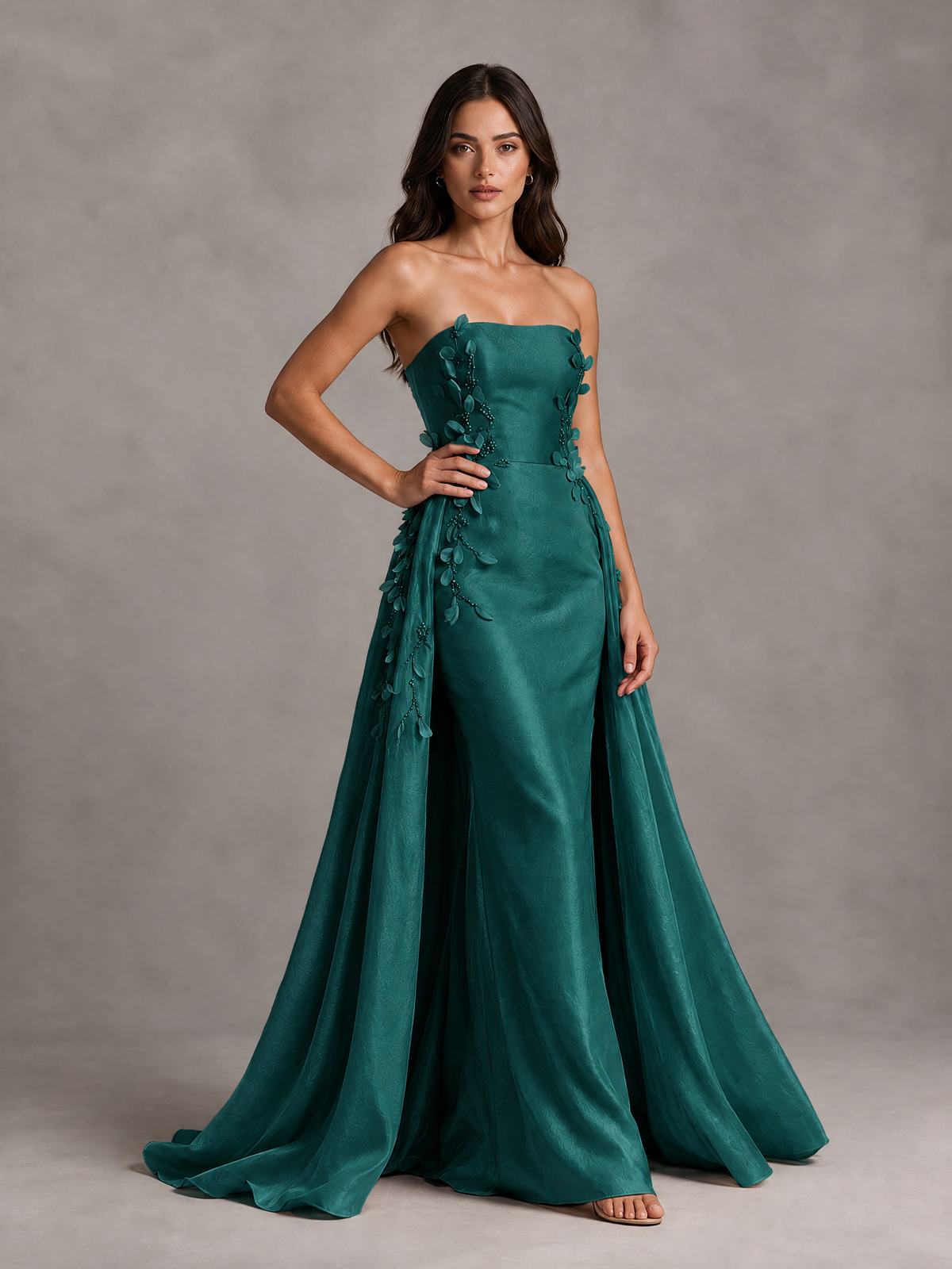BOLODOO Peacock Strapless Floral Applique Prom Dress with Overskirt - Peacock - Peacock (3)