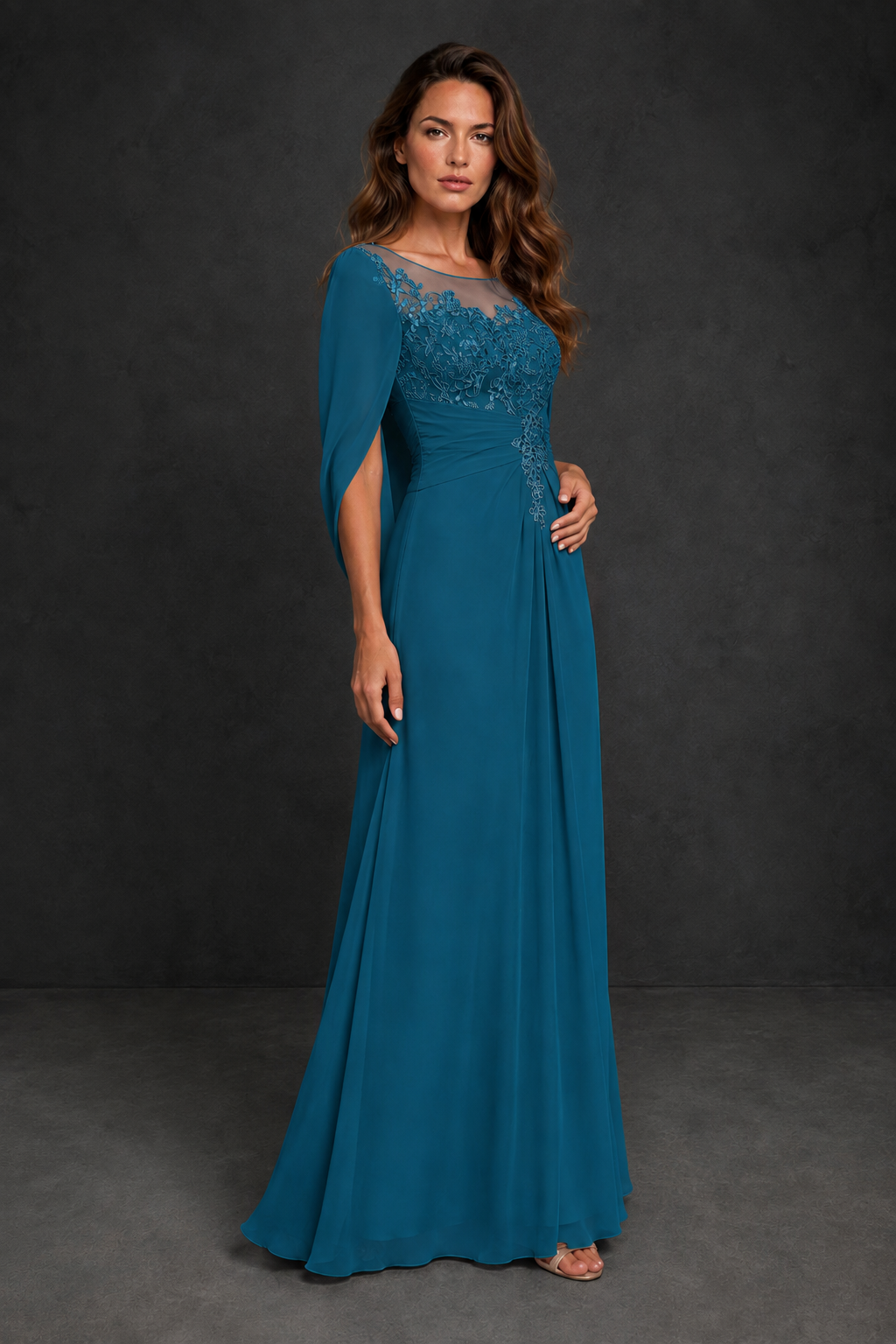 BOLODOO Peacock Illusion Lace One-Side Cape Sleeve Beaded Chiffon Floor Length Gown | Mother of the Bride Evening Dress - Peacock