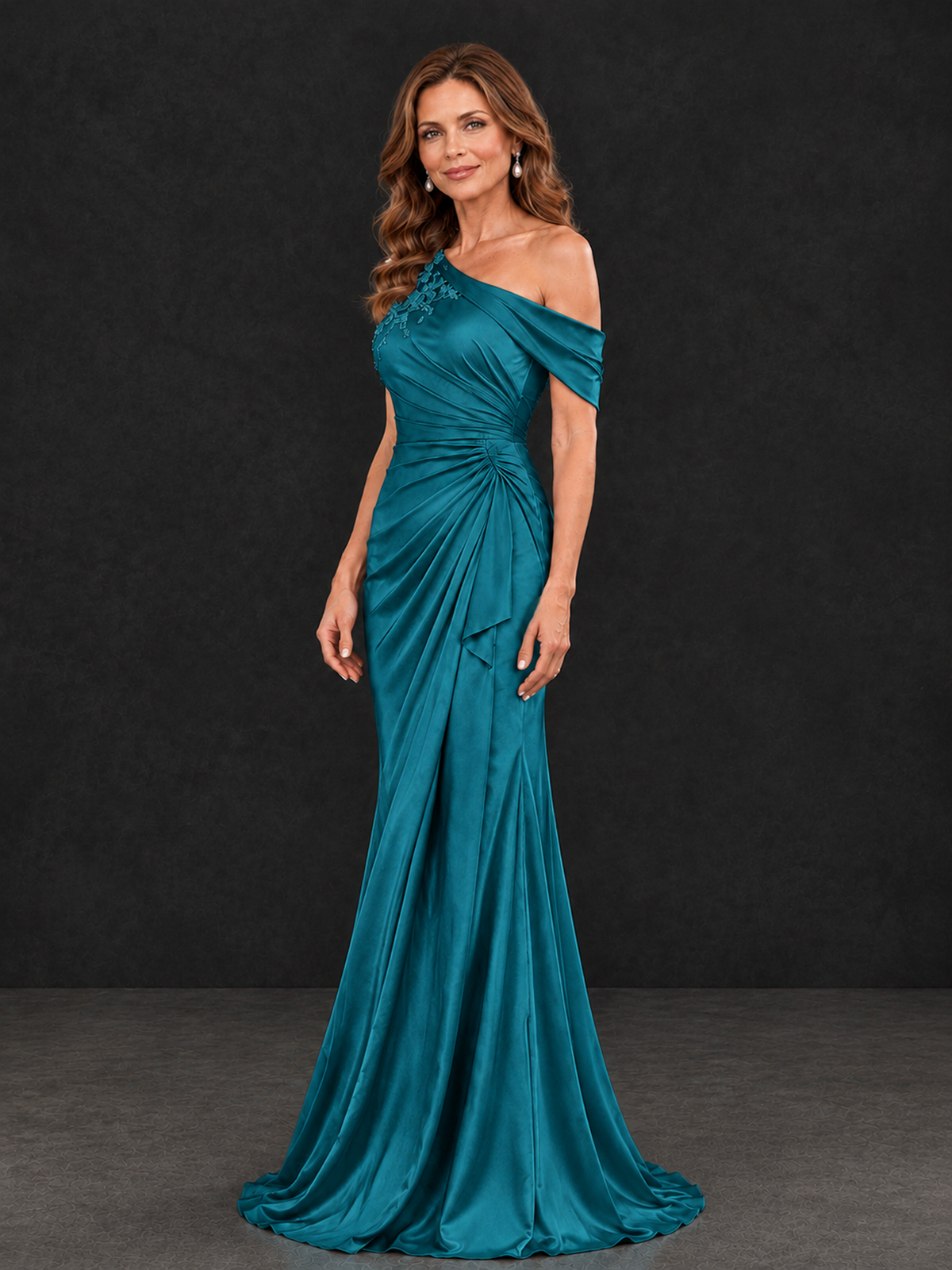 BOLODOO Peacock Asymmetric Satin Mother of the Bride Dress with Lace Sleeve - Peacock - Peacock (3)
