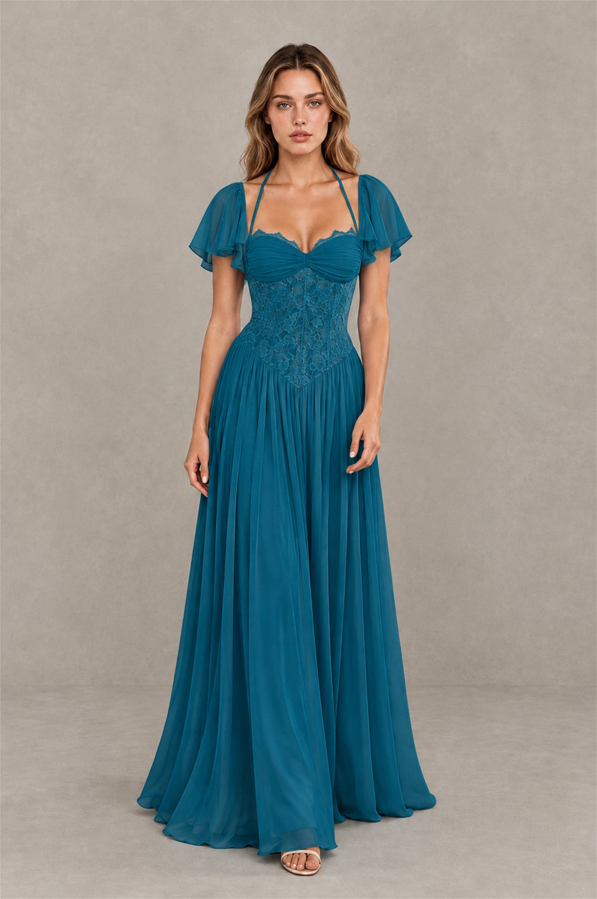 BOLODOO Peacock Flutter Sleeve Lace Corset A-Line Maxi Dress - Peacock - Peacock (3)