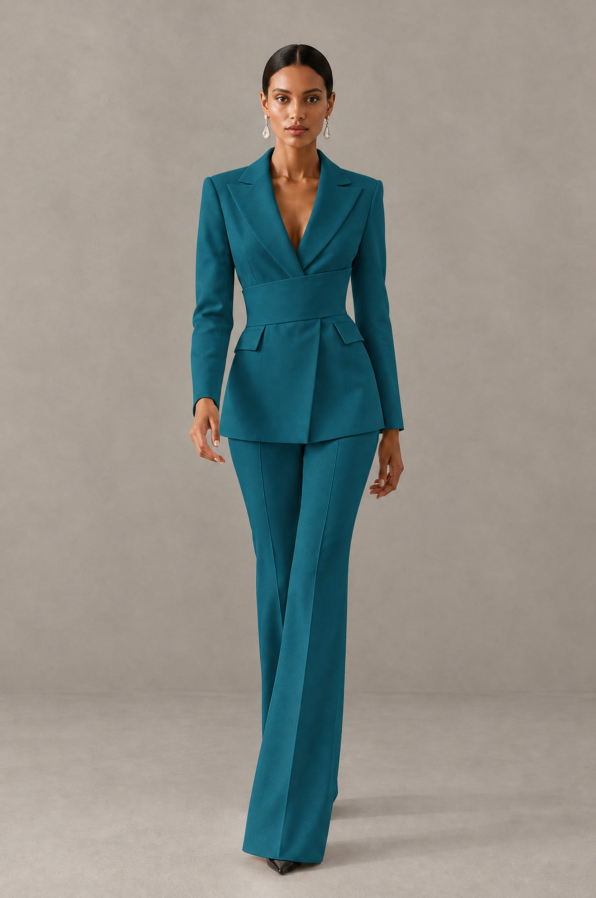 BOLODOO Peacock Two-Piece Pantsuit with Tailored Blazer & Flared Pants - Peacock - Peacock (3)