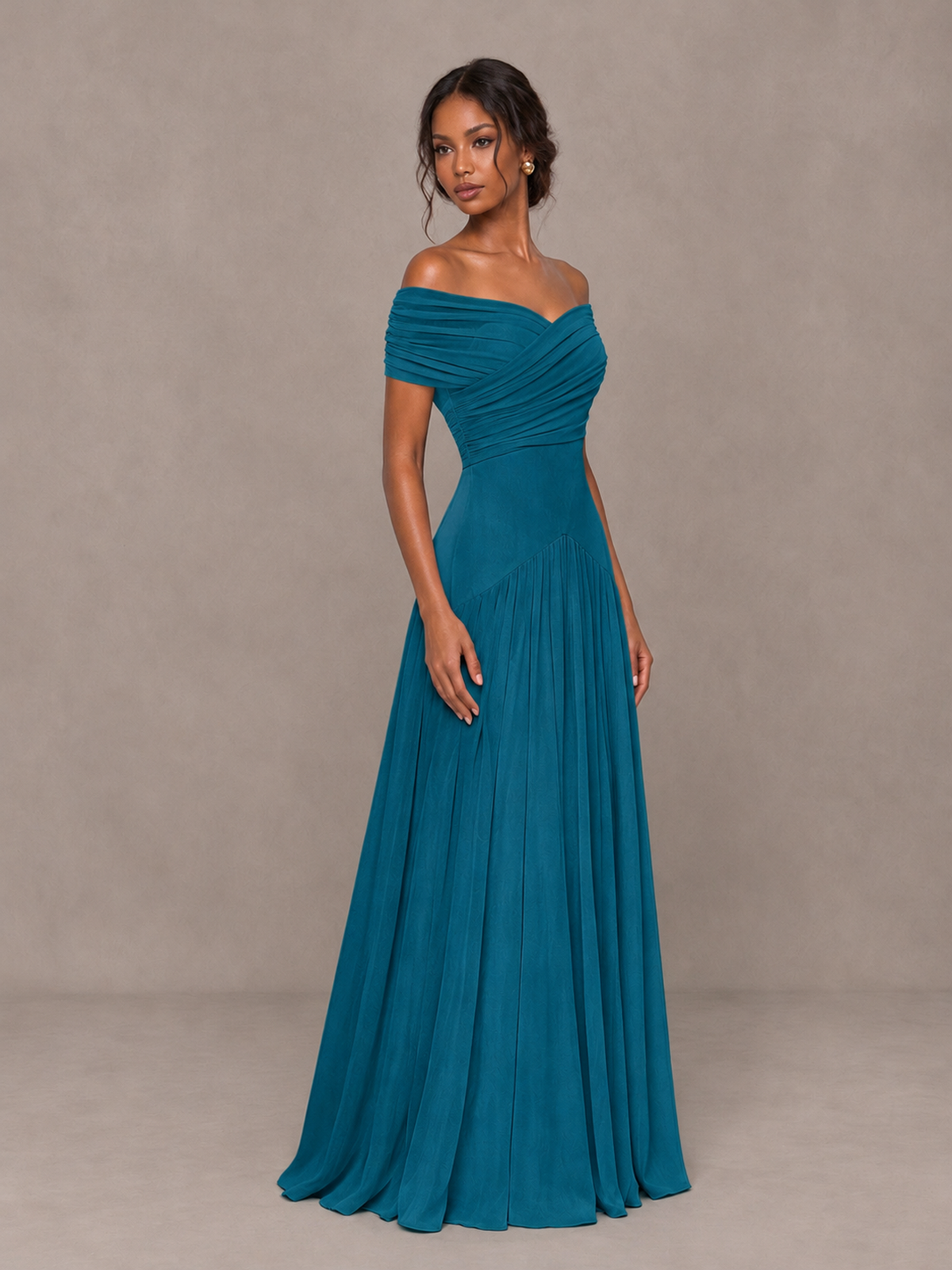 BOLODOO Peacock Off-Shoulder Ruched A-Line Bridesmaid Dress - Peacock - Peacock (3)