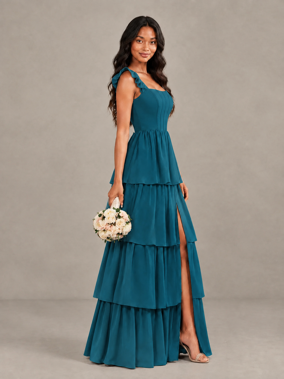 BOLODOO Peacock Tiered Maxi Bridesmaid Dress with Slit - Peacock