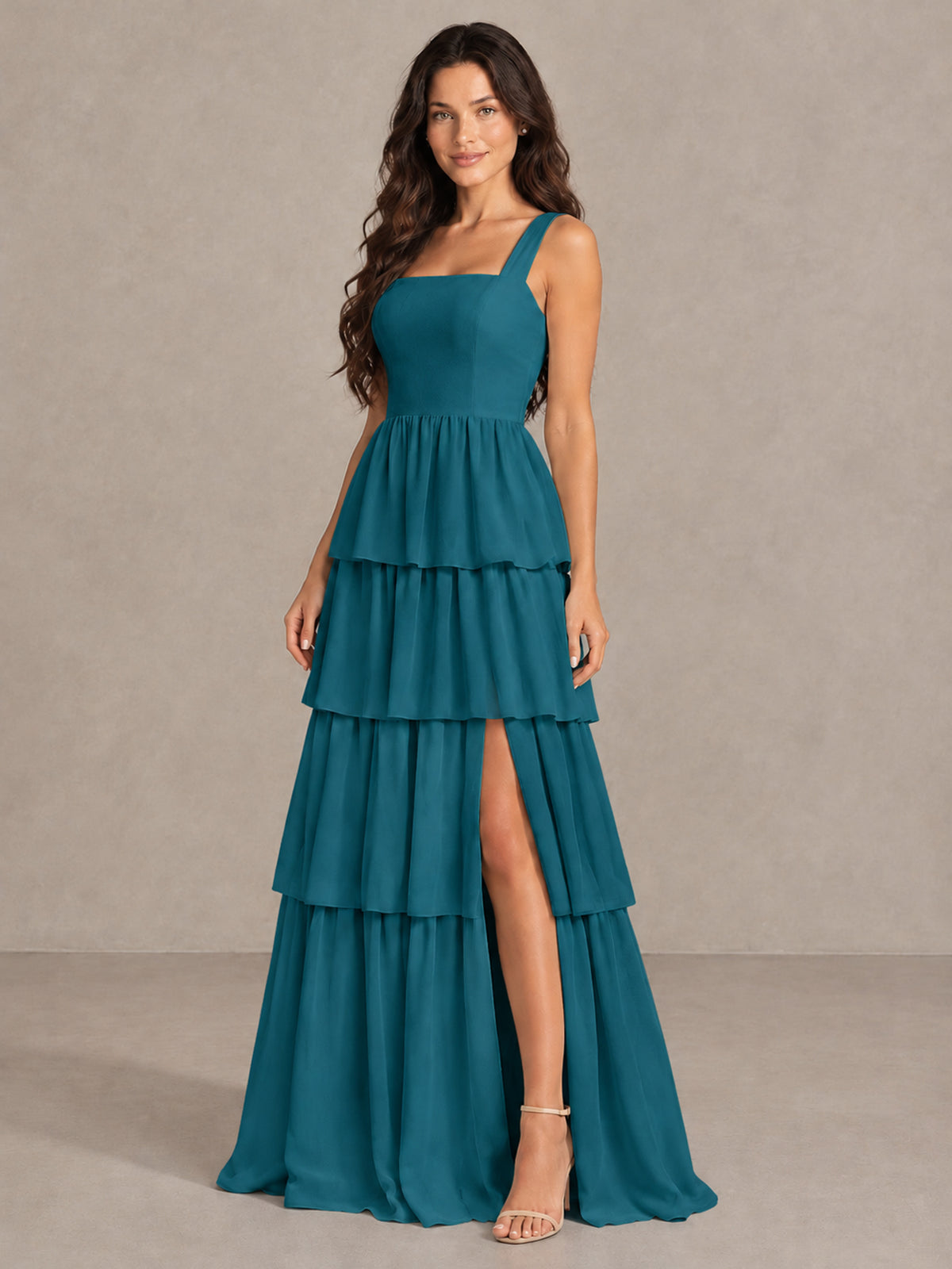 BOLODOO Peacock Square Neck Tiered Bridesmaid Dress with Slit - Peacock - Peacock (3)
