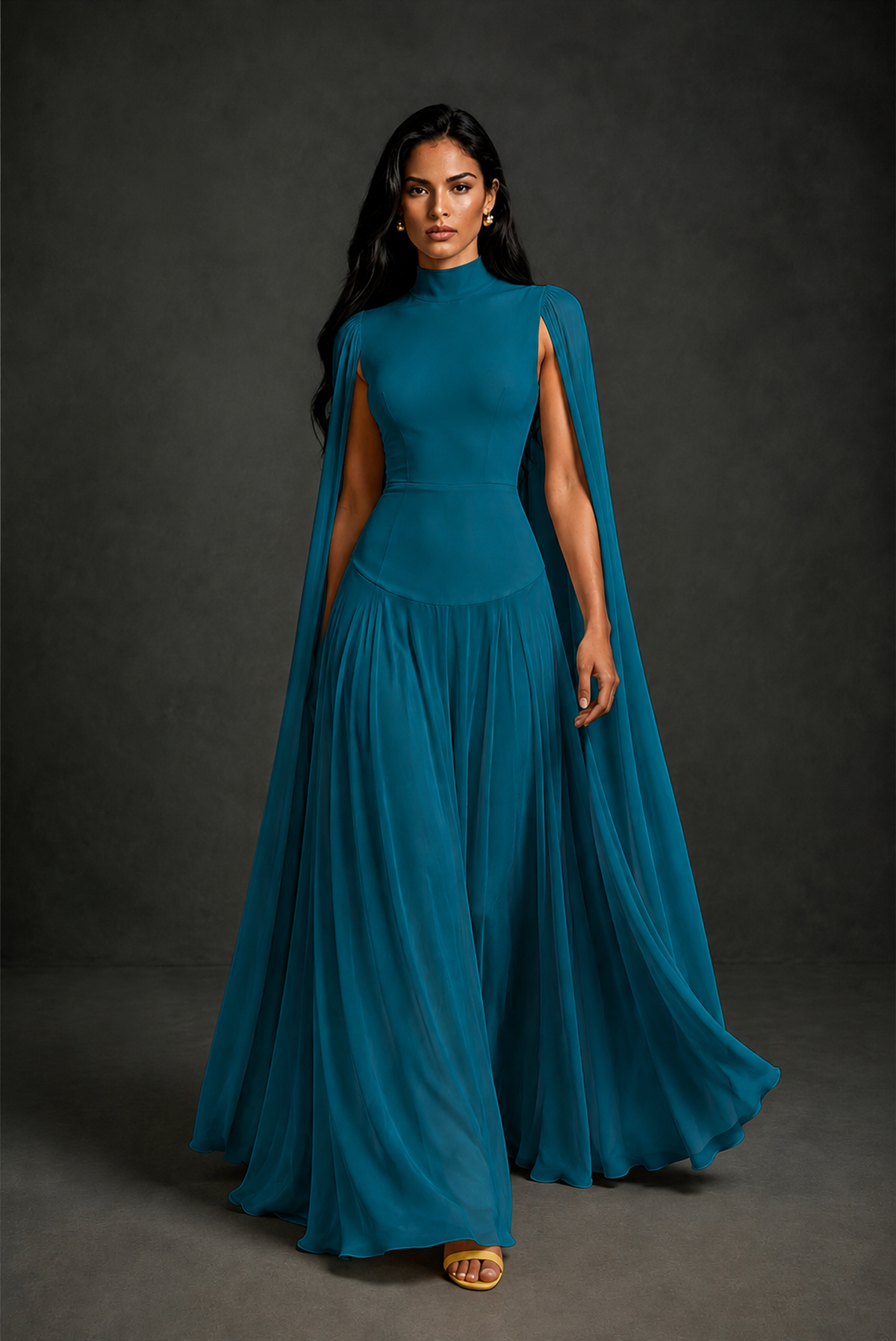BOLODOO Peacock Mock Neck Cape Sleeve A-Line Chiffon Maxi Dress - Peacock