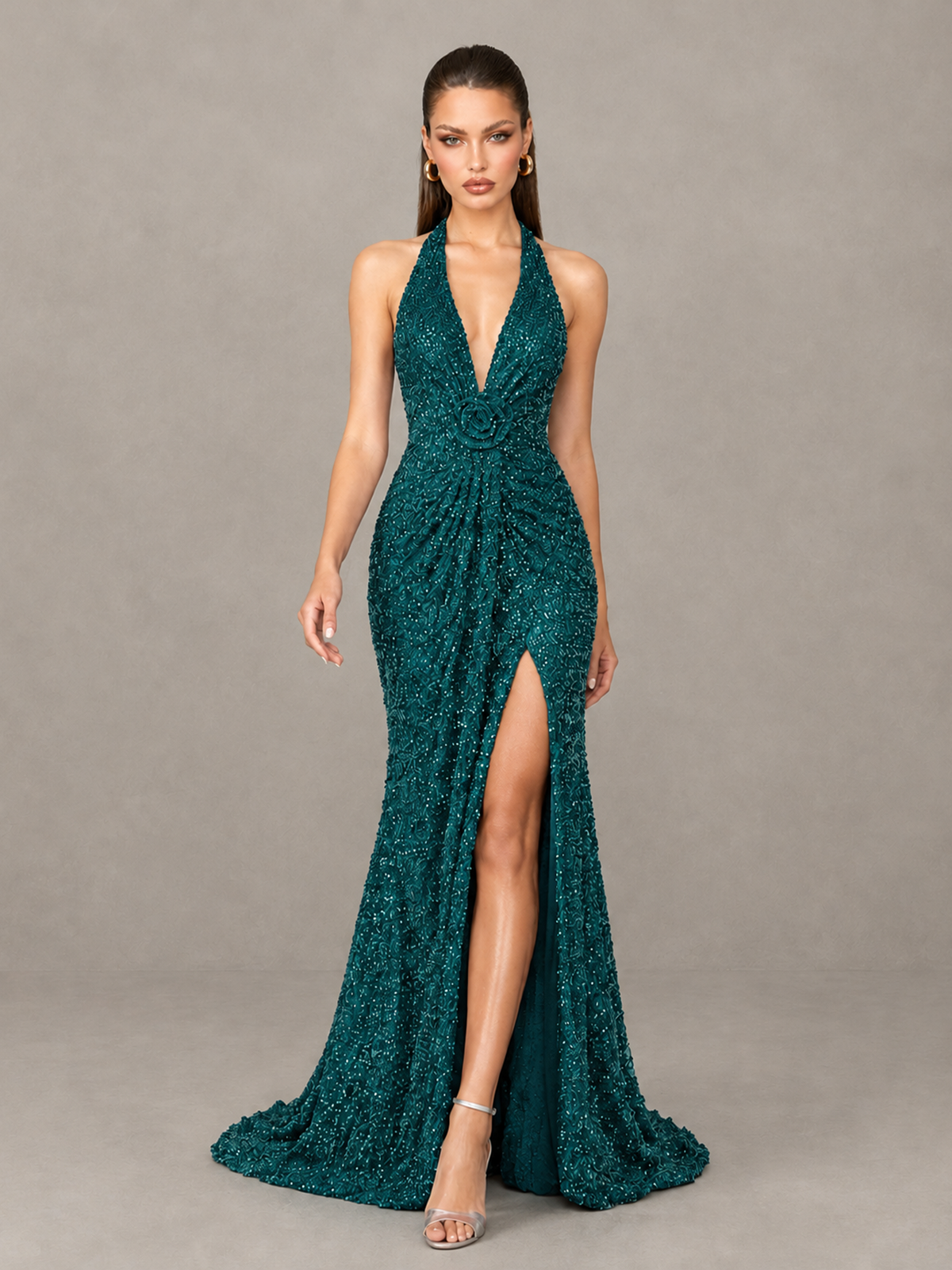 BOLODOO Peacock Sequin Halter Open Back Evening Gown with High Slit - Peacock - Peacock (4)