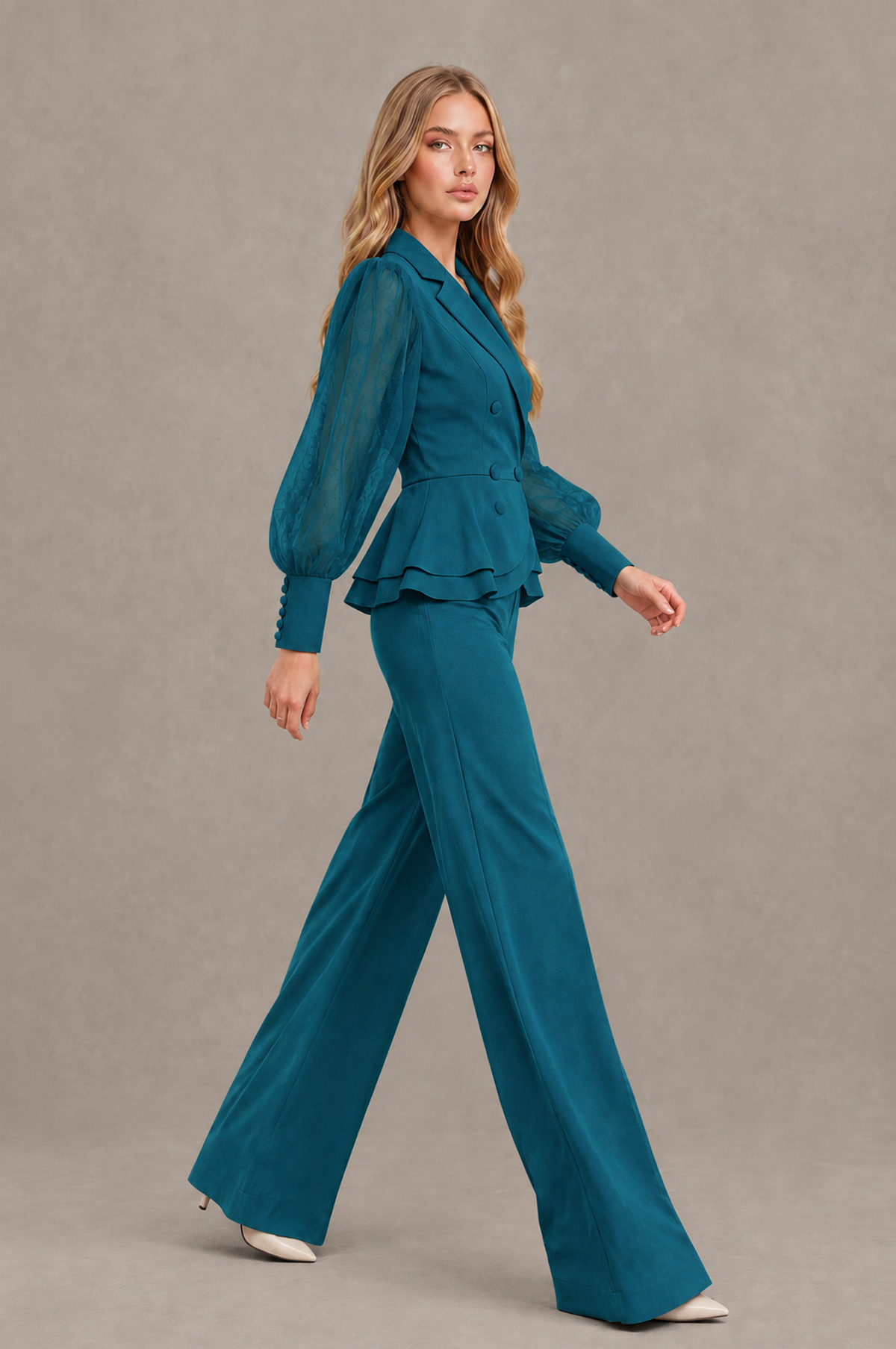 BOLODOO Mint Peacock Peplum Blazer Wide-Leg Pantsuit with Sheer Puff Sleeves - Peacock