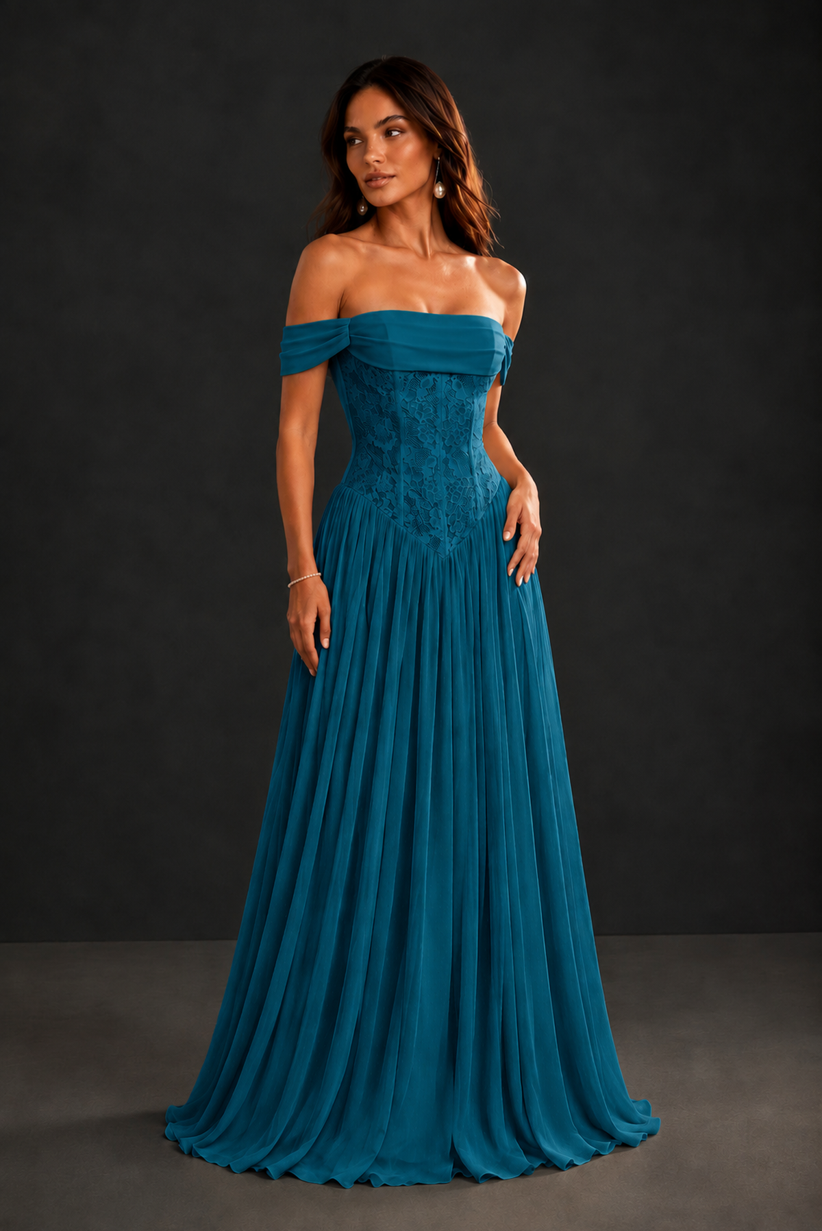 BOLODOO Peacock Off-Shoulder Lace Corset Tulle Maxi Dress - Peacock