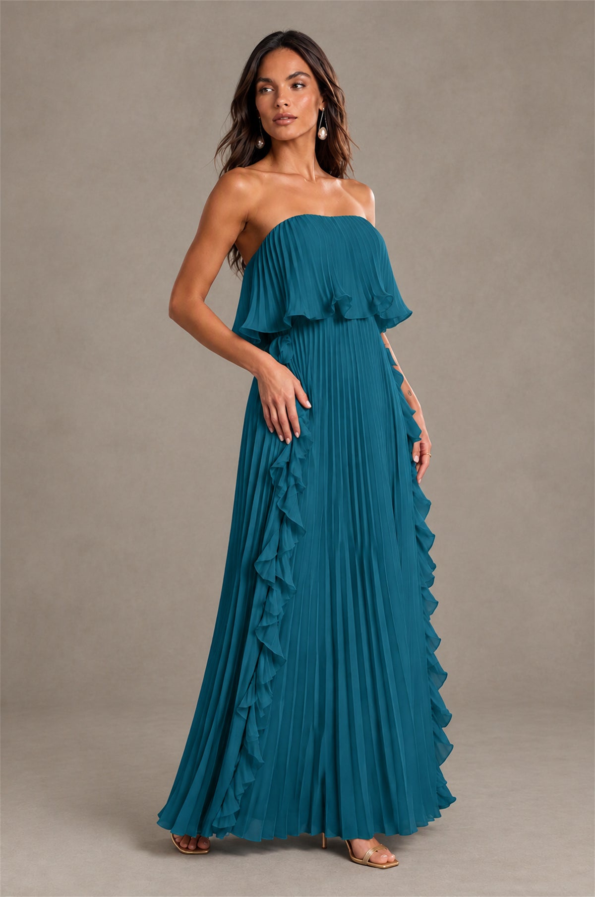 BOLODOO Peacock Strapless Ruffle Bodice Dual Cascading Ruffle Accordion Pleated Chiffon Maxi Dress - Peacock