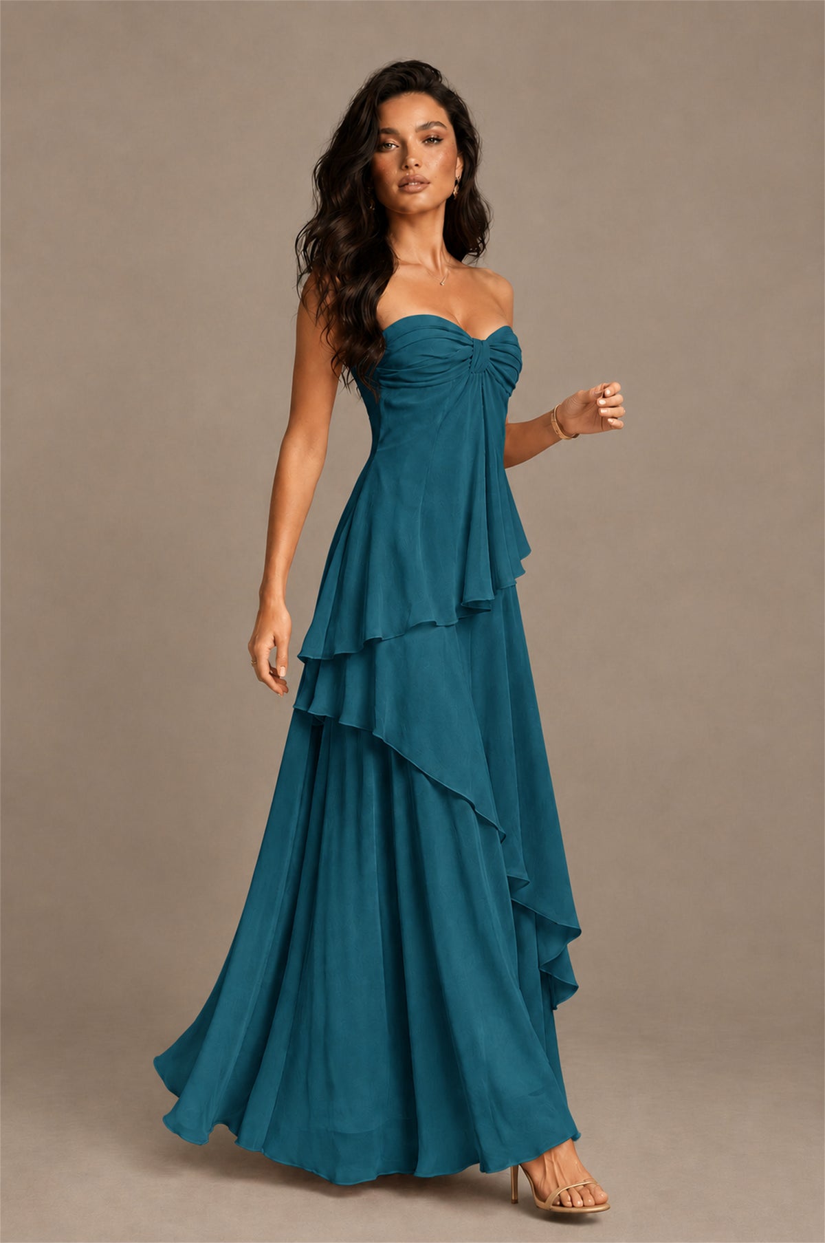 BOLODOO Peacock Strapless Sweetheart Knotted Chiffon Tiered Maxi Dress with Lace-Up Back - Peacock