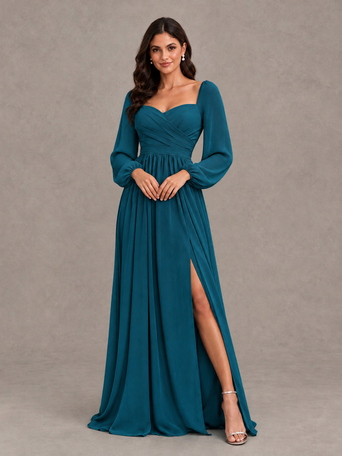 BOLODOO Peacock Long Sleeve Chiffon Bridesmaid Dress with Slit - Peacock - Peacock (4)
