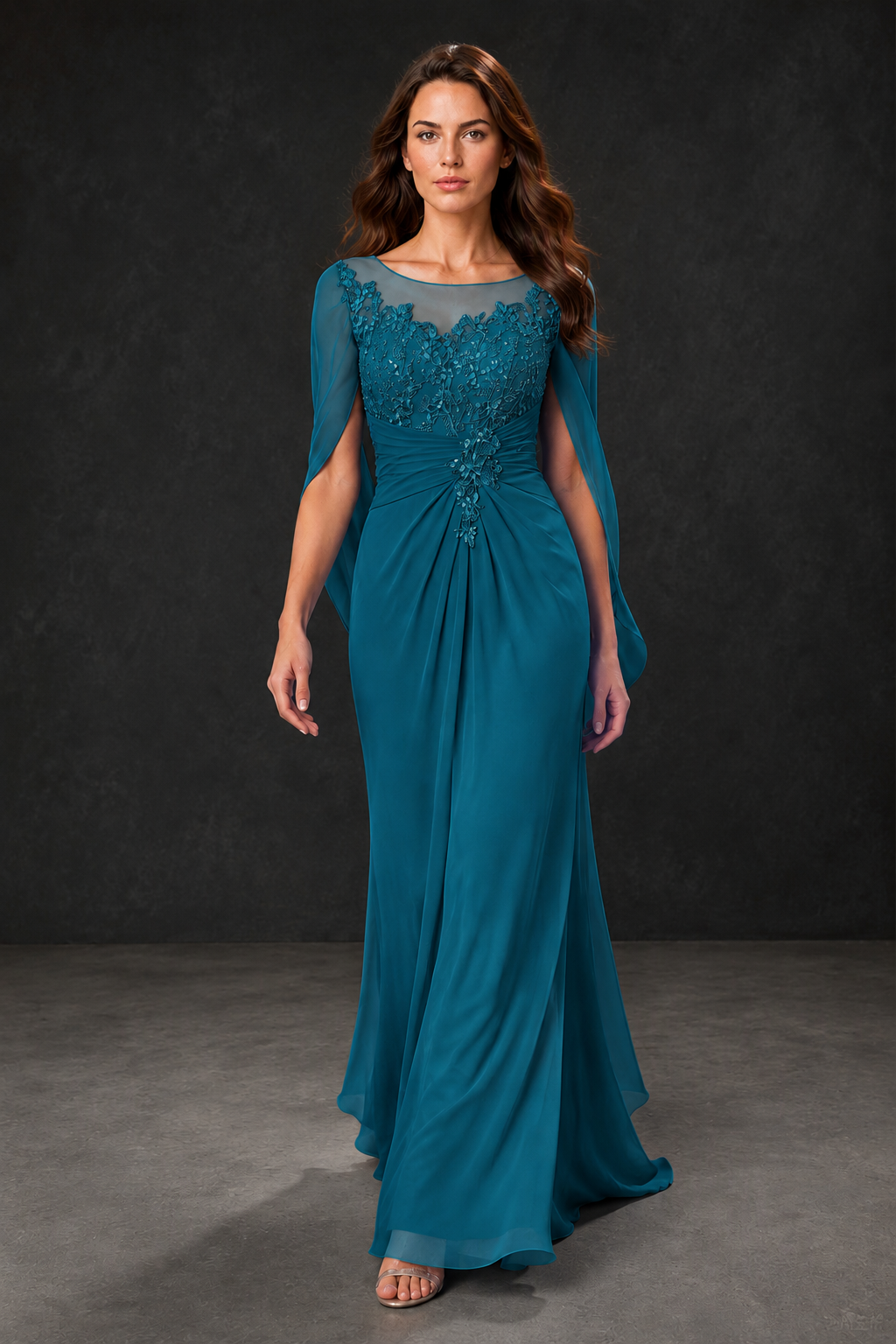 BOLODOO Peacock Illusion Lace One-Side Cape Sleeve Beaded Chiffon Floor Length Gown | Mother of the Bride Evening Dress - Peacock