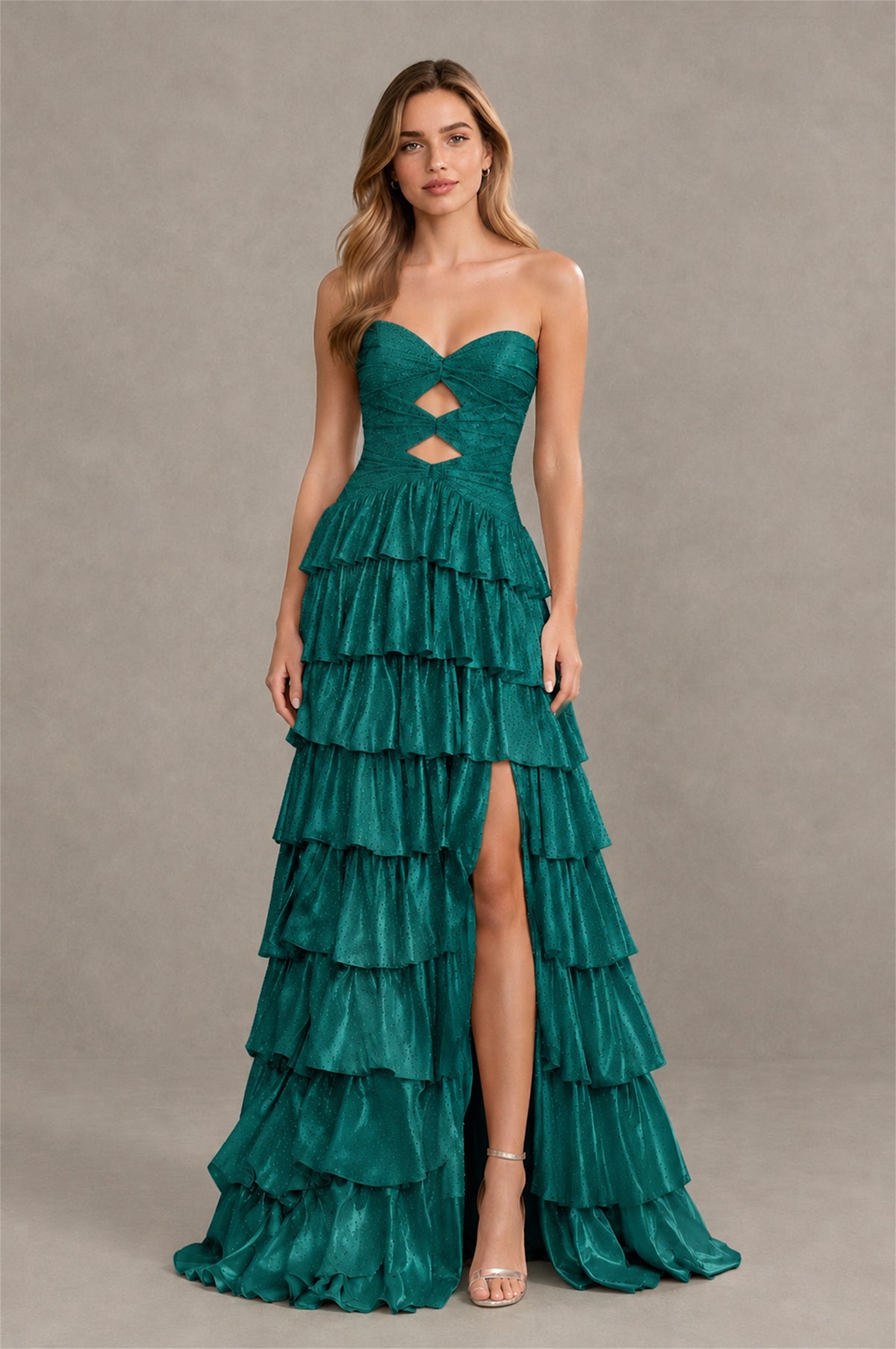 BOLODOO Peacock Strapless Cutout Tiered Ruffle Prom Dress with High Slit - Peacock - Peacock (4)