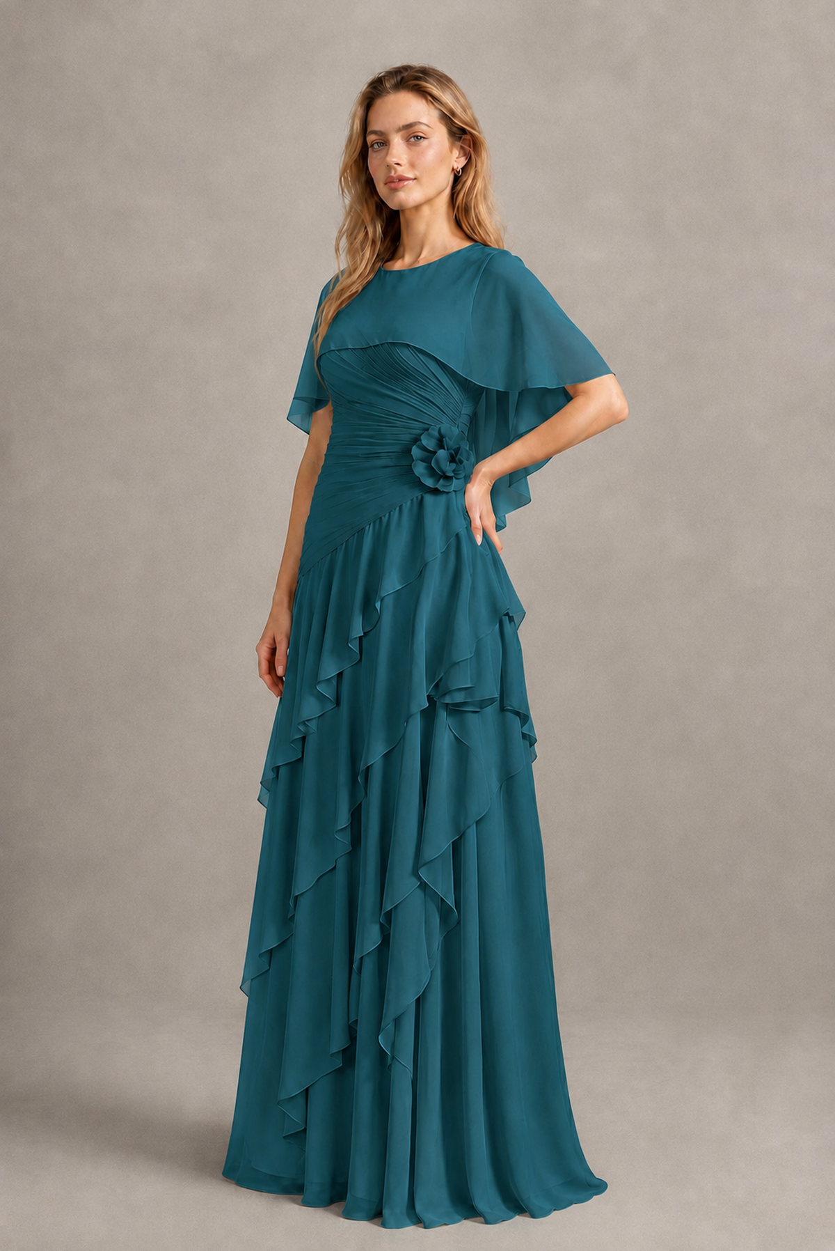 BOLODOO Peacock Chiffon Flutter Sleeve Tiered Maxi Dress with 3D Rosette - Peacock