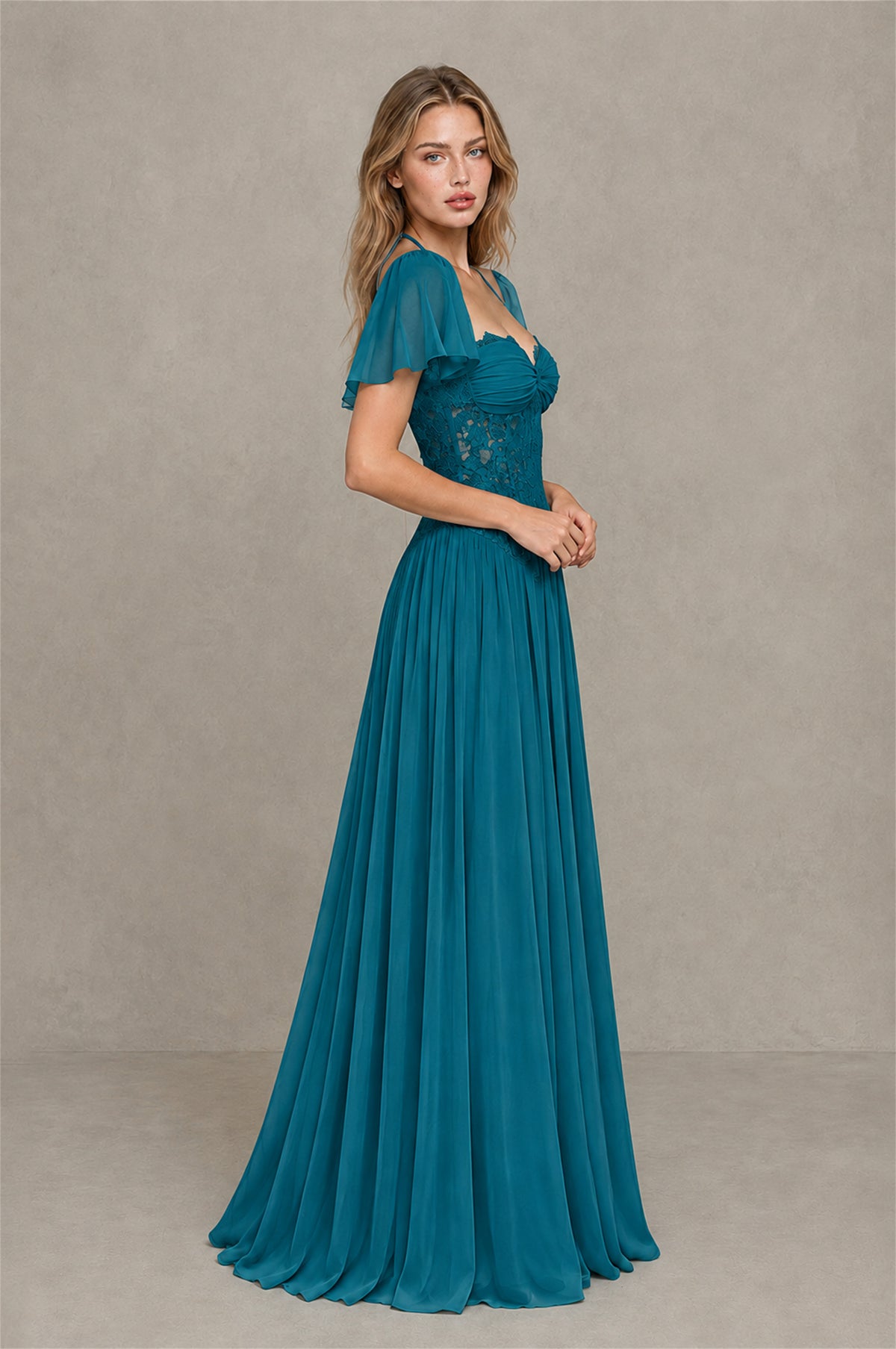 BOLODOO Peacock Flutter Sleeve Lace Corset A-Line Maxi Dress - Peacock - Peacock (4)