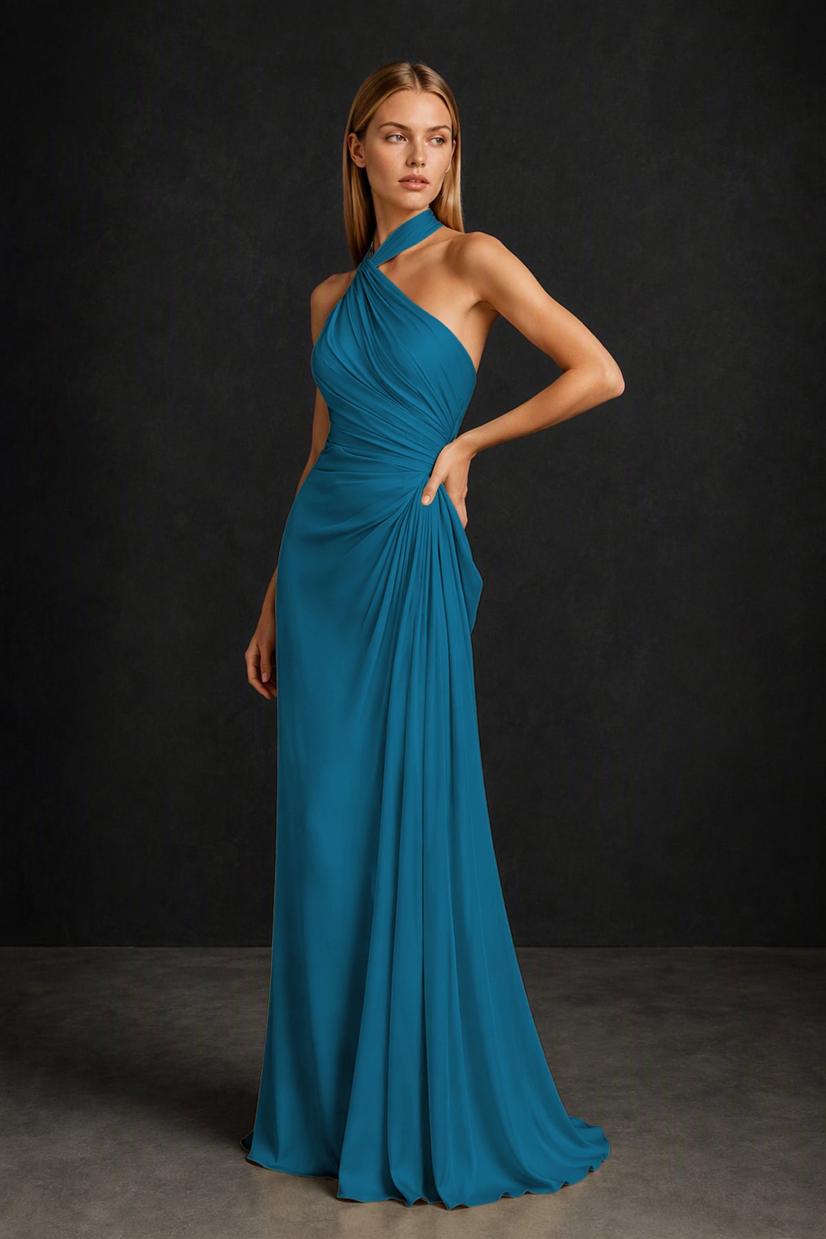 BOLODOO Peacock Twisted Halter Neck Ruched Sleeveless Open Back Floor-Length Gown - Peacock