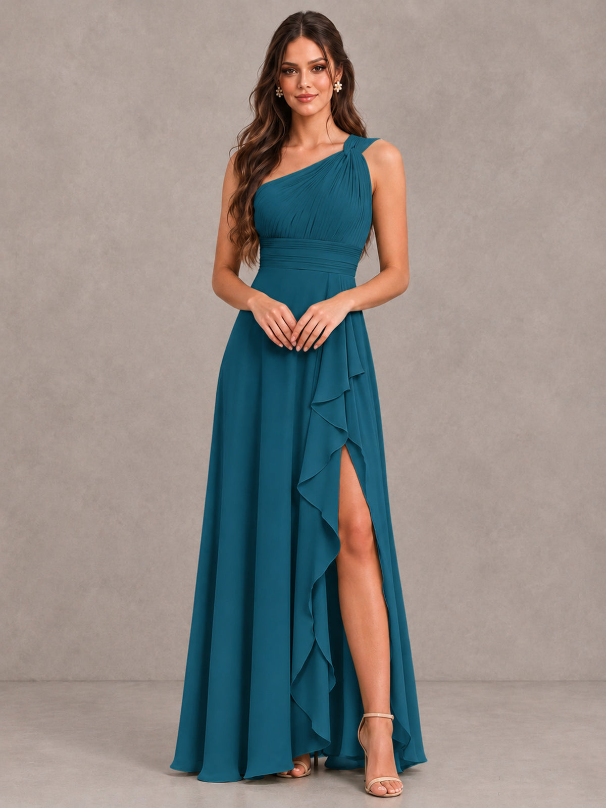 BOLODOO Peacock One-Shoulder Ruffle Bridesmaid Dress with Slit - Peacock - Peacock (4)