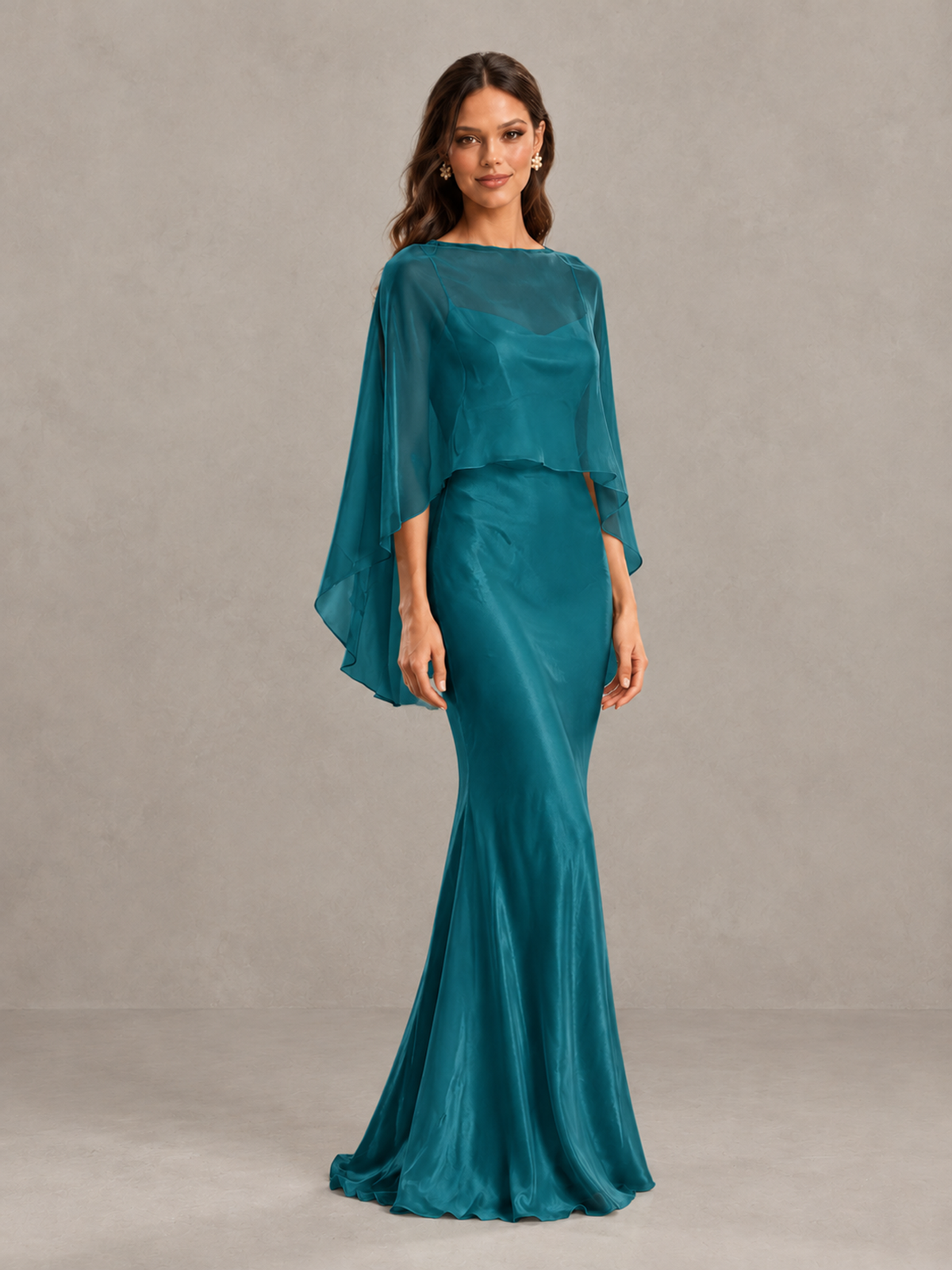 BOLODOO Peacock Satin Mermaid Bridesmaid Dress with Chiffon Cape - Peacock - Peacock (4)