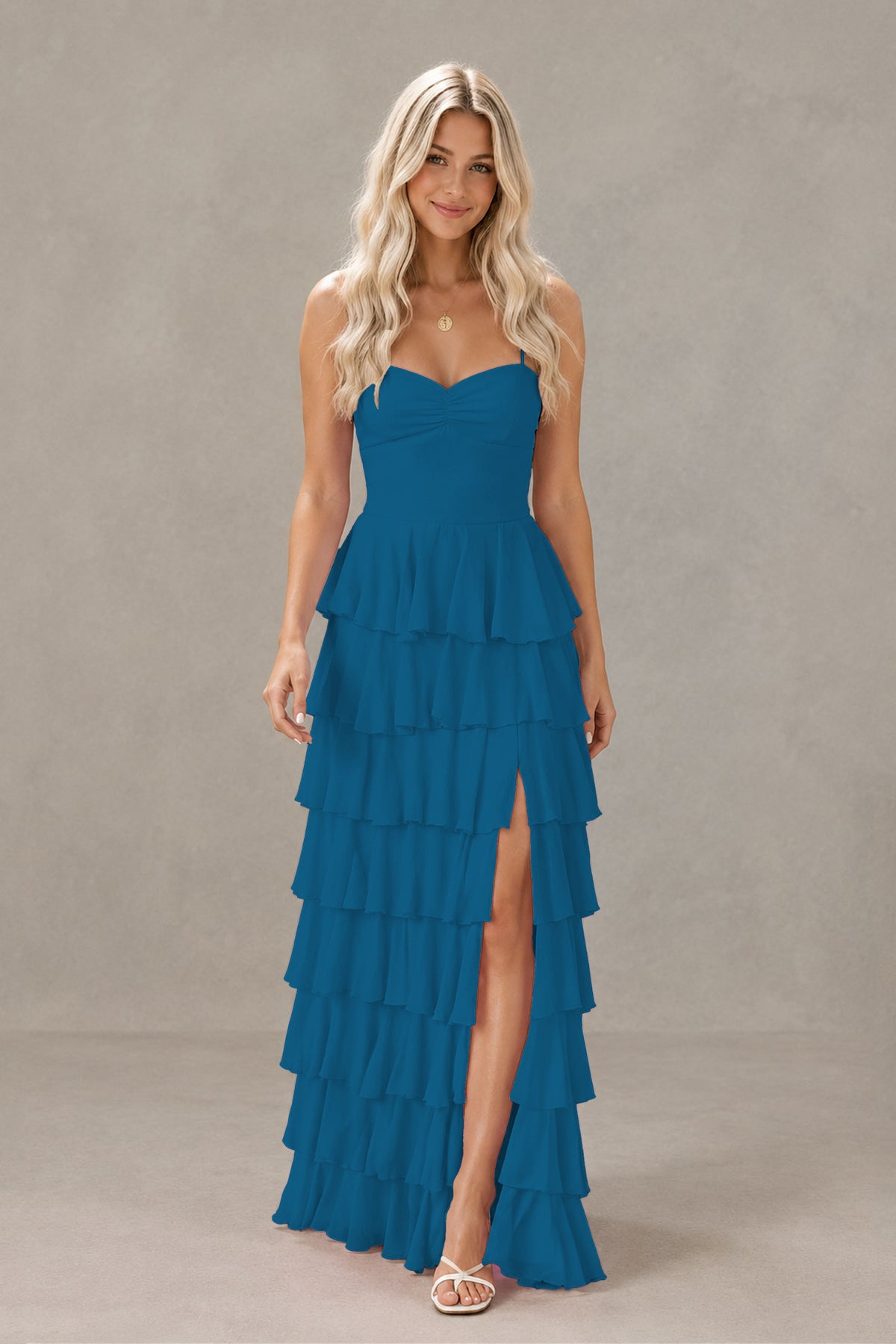 BOLODOO Peacock Strapless Tiered Ruffle Maxi Dress with Slit & Lace-Up Back - Peacock
