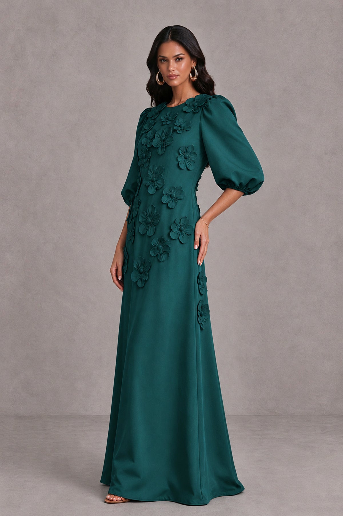 BOLODOO Peacock Floral Applique Puff Sleeve A-Line Evening Dress - Peacock - Peacock (4)