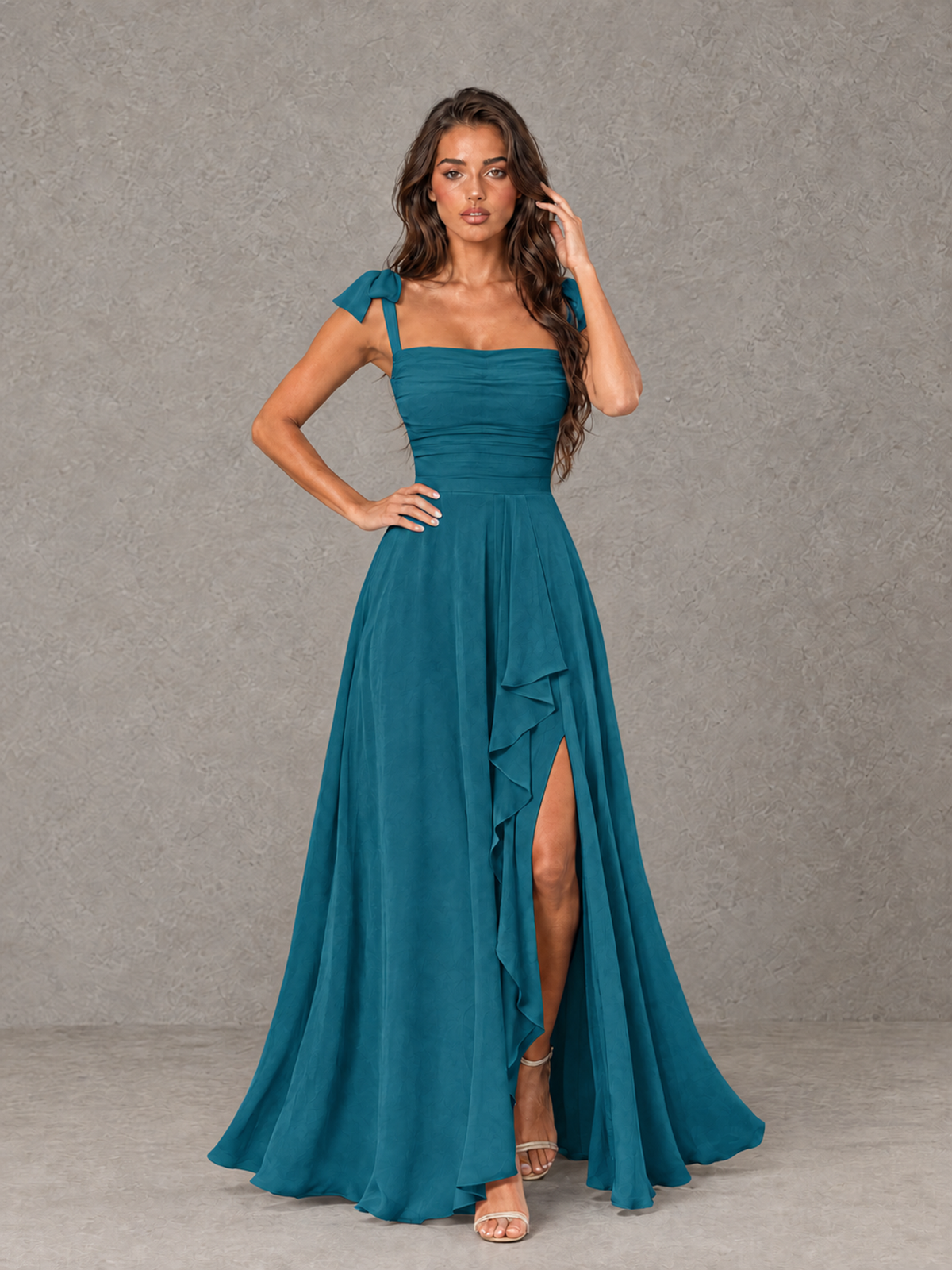 BOLODOO Peacock Bow-Strap Bridesmaid Dress with Ruffle Slit - Peacock - Peacock (4)