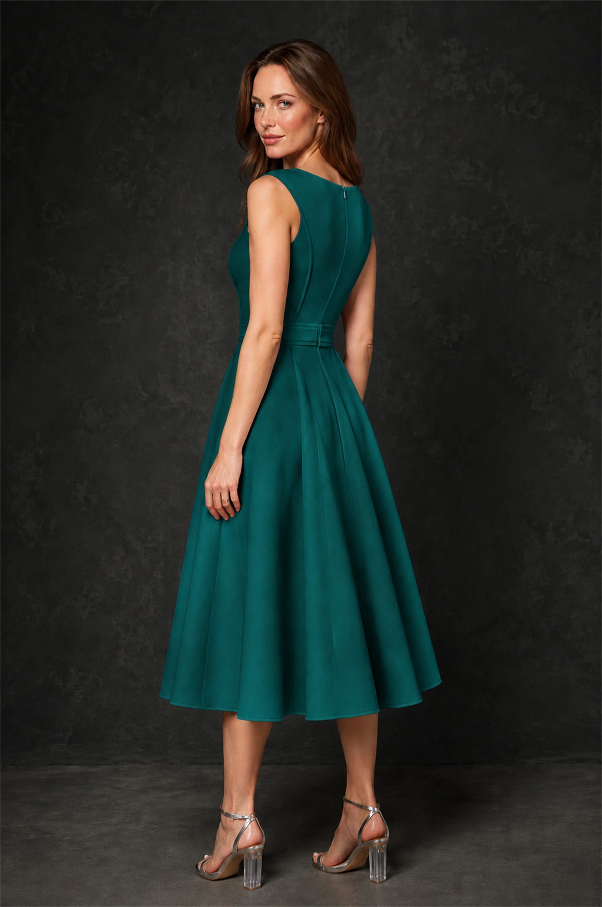 BOLODOO Peacock 3D Rosette Appliqué 3/4 Sleeve Jacket & V-Notch Sleeveless A-Line Tea-Length Two-Piece Dress Set - Peacock