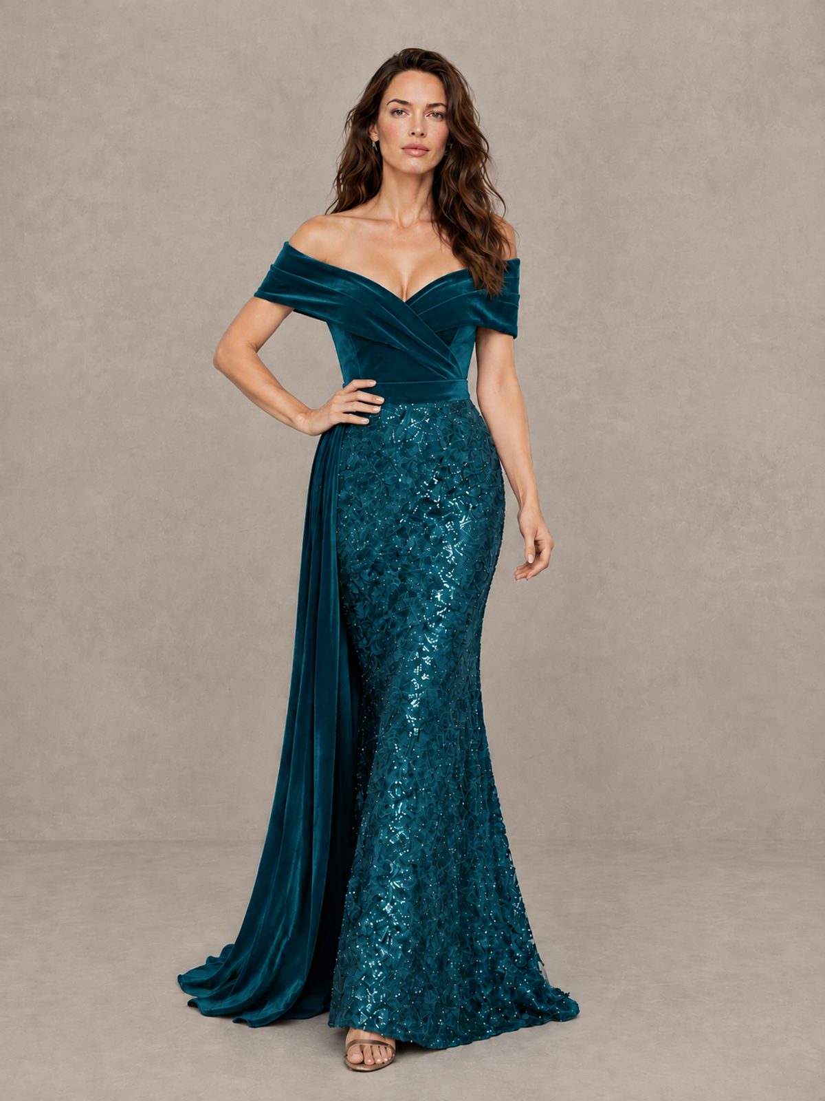 BOLODOO Peacock Off-Shoulder Velvet & Sequin Evening Gown with Side Train - Peacock - Peacock (4)