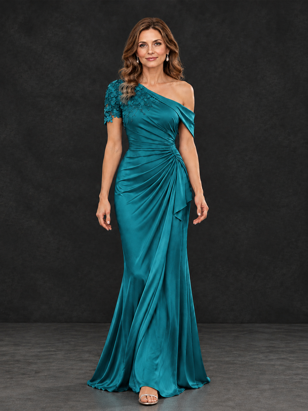 BOLODOO Peacock Asymmetric Satin Mother of the Bride Dress with Lace Sleeve - Peacock - Peacock (4)
