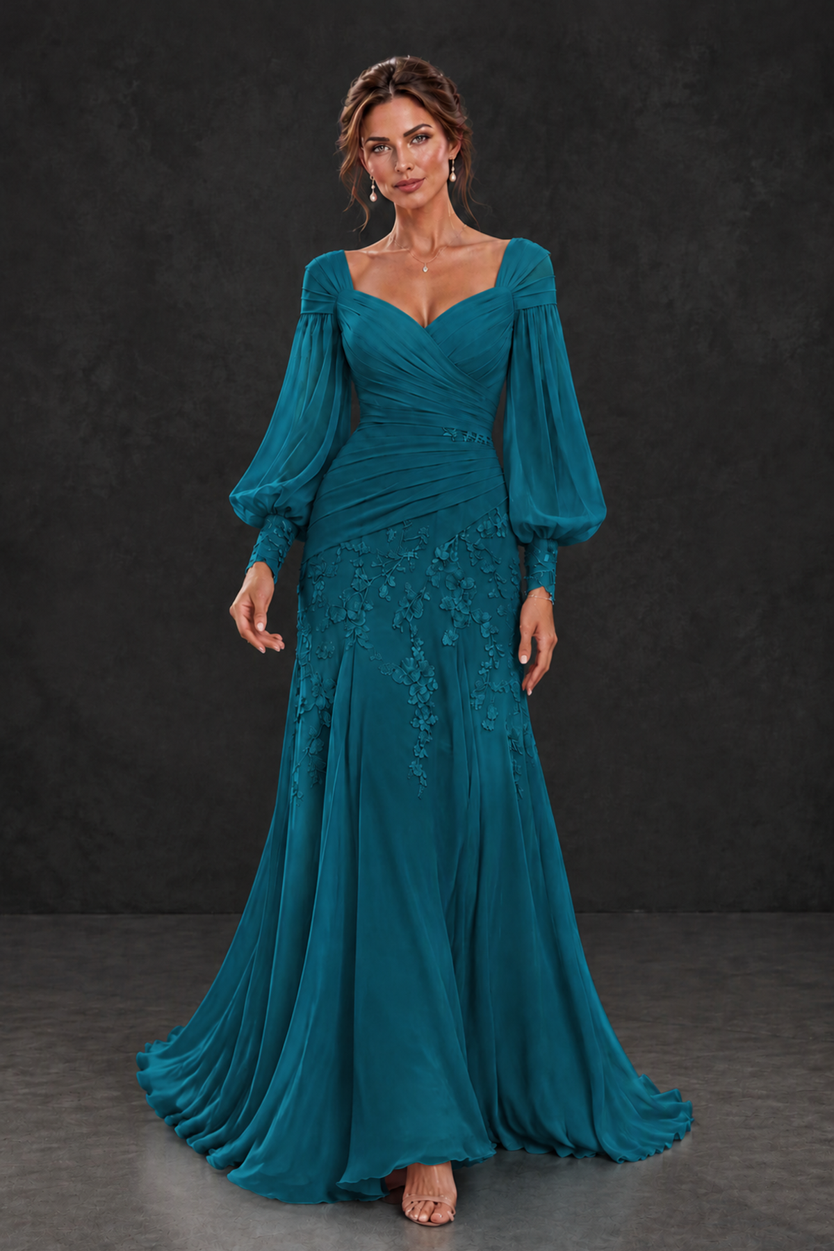 BOLODOO Peacock Long Sleeve Mother of the Bride Dress with Floral Appliqués - Peacock - Peacock (4)