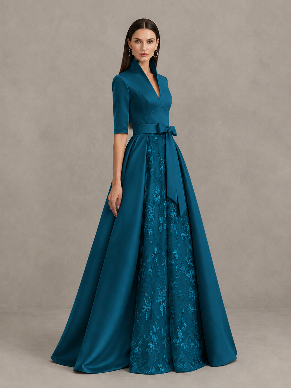 BOLODOO Peacock Stand Collar Bow Waist Floral Embroidered Evening Gown - Peacock - Peacock (4)