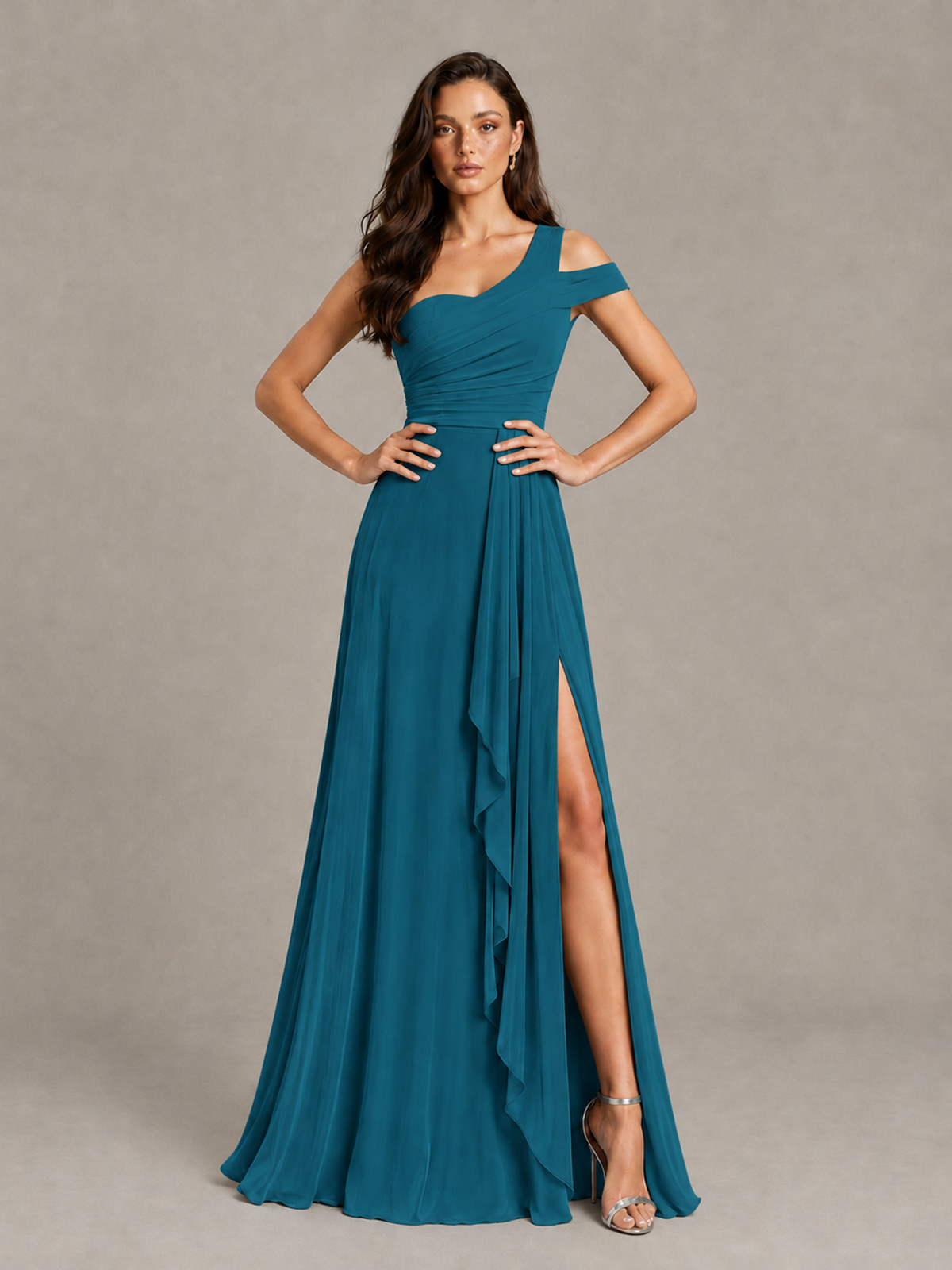 BOLODOO Peacock One-Shoulder Bridesmaid Dress with Side Slit - Peacock - Peacock (4)
