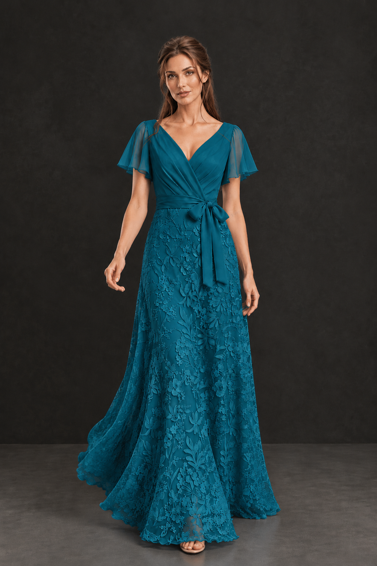 BOLODOO Peacock Flutter Sleeve Lace Mother of the Bride Dress - Peacock
