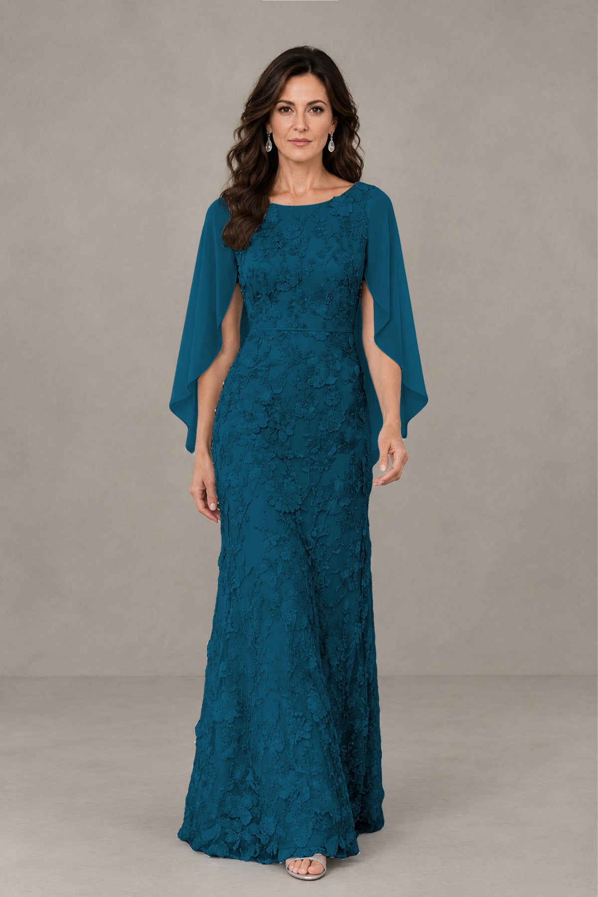 BOLODOO Peacock Lace Mother of the Bride Dress with Cape Sleeves - Peacock