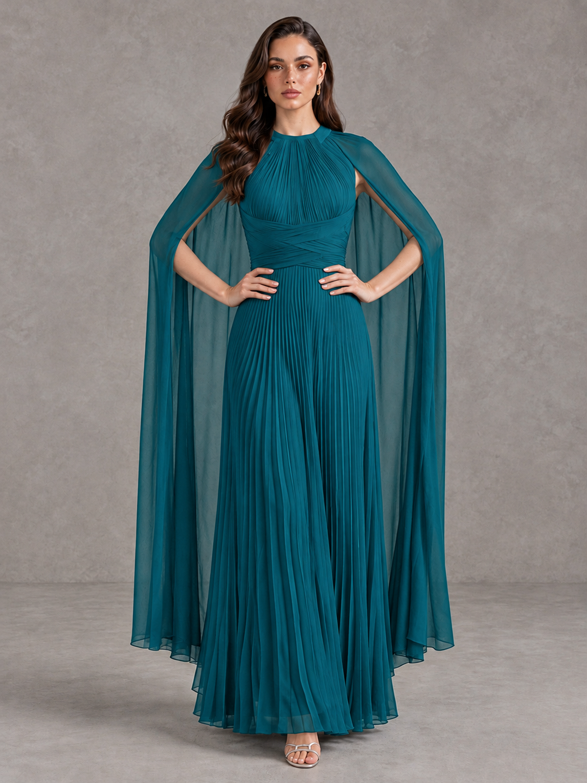 BOLODOO Peacock Pleated Cape Maxi Wedding Guest Dress - Peacock - Peacock (4)