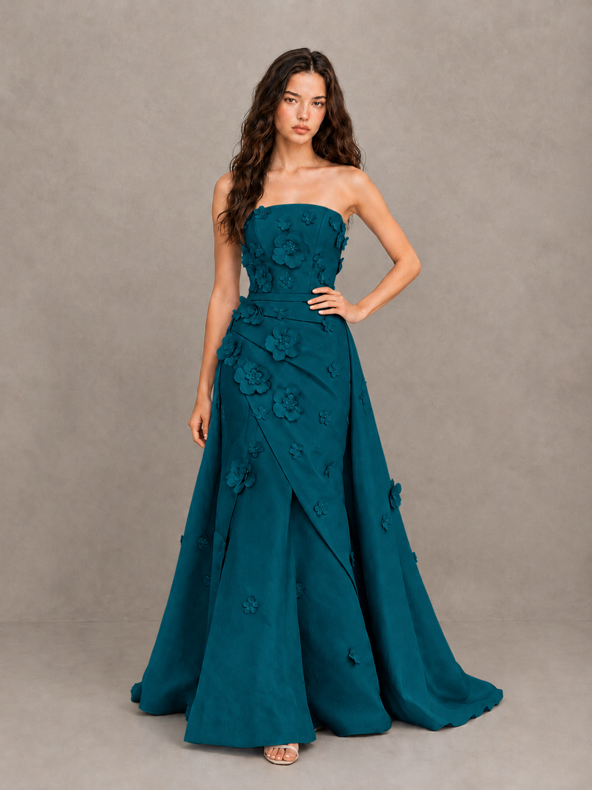 BOLODOO Peacock Strapless 3D Floral Applique Prom Gown with Draped Skirt - Peacock - Peacock (4)