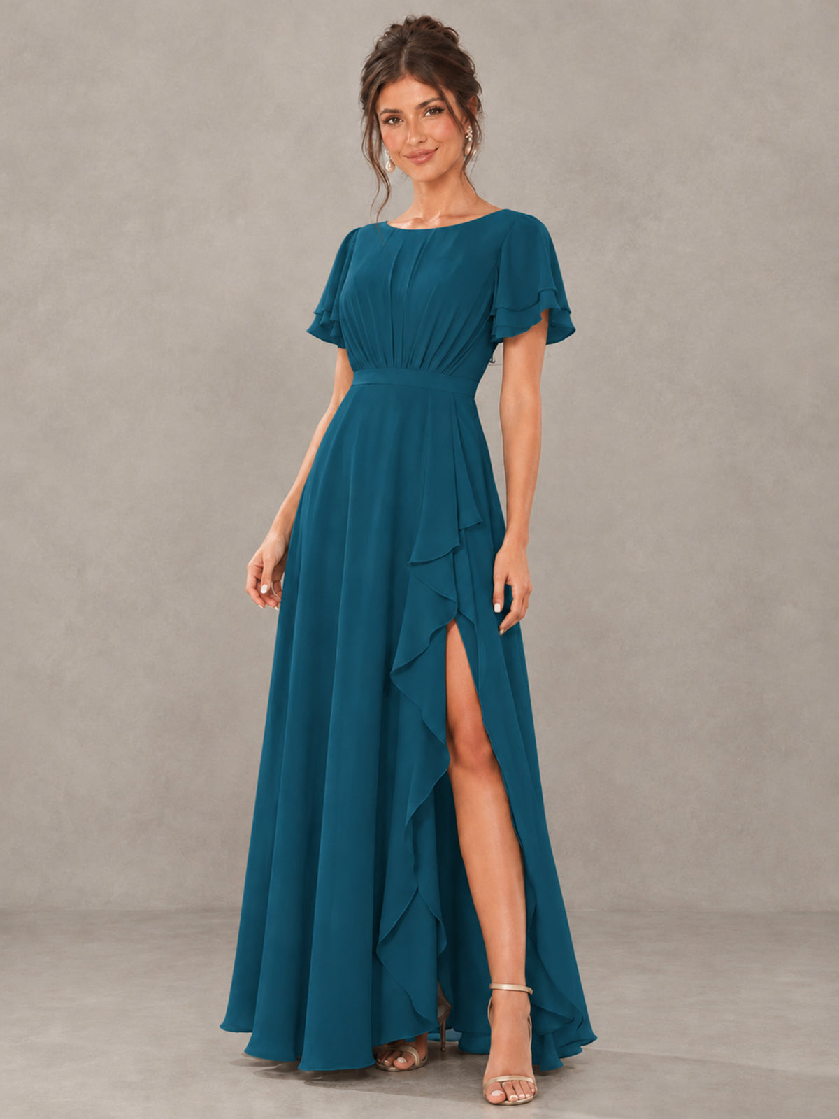 BOLODOO Peacock Flutter Sleeve Ruffle Bridesmaid Dress with Slit - Peacock - Peacock (4)