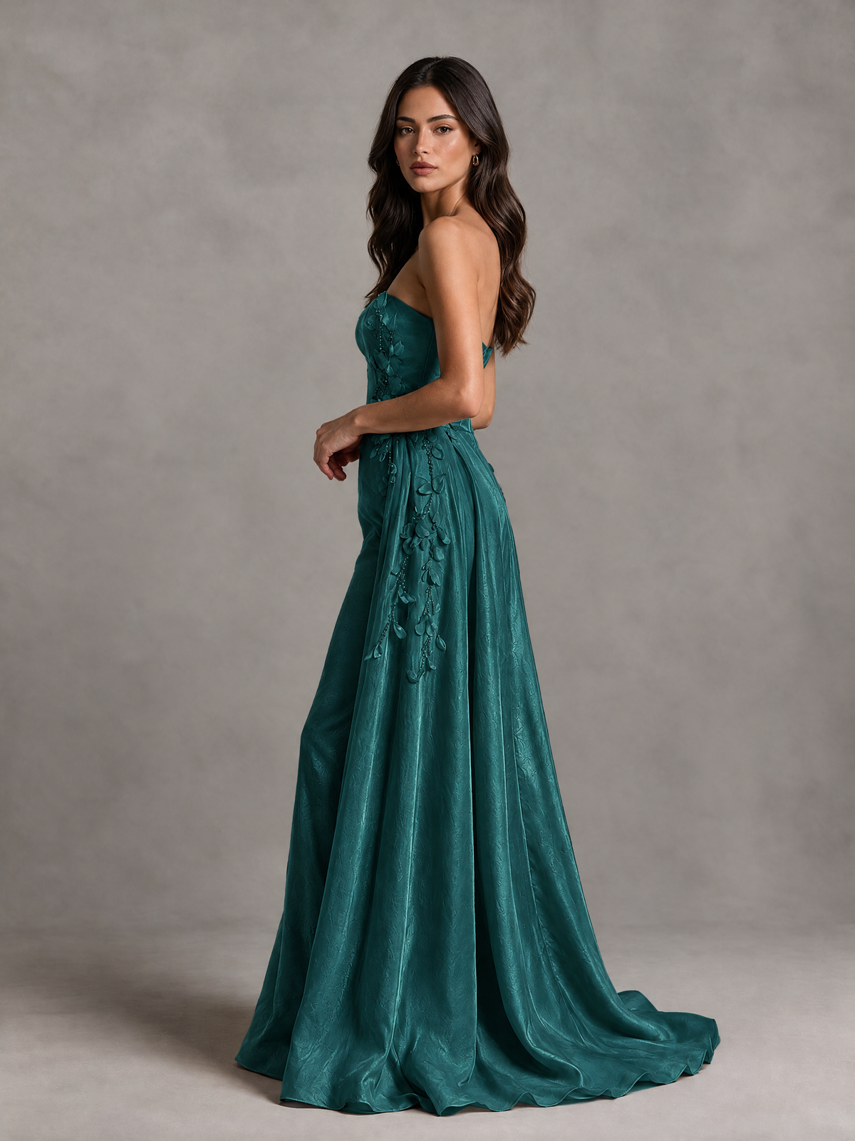 BOLODOO Peacock Strapless Floral Applique Prom Dress with Overskirt - Peacock - Peacock (4)