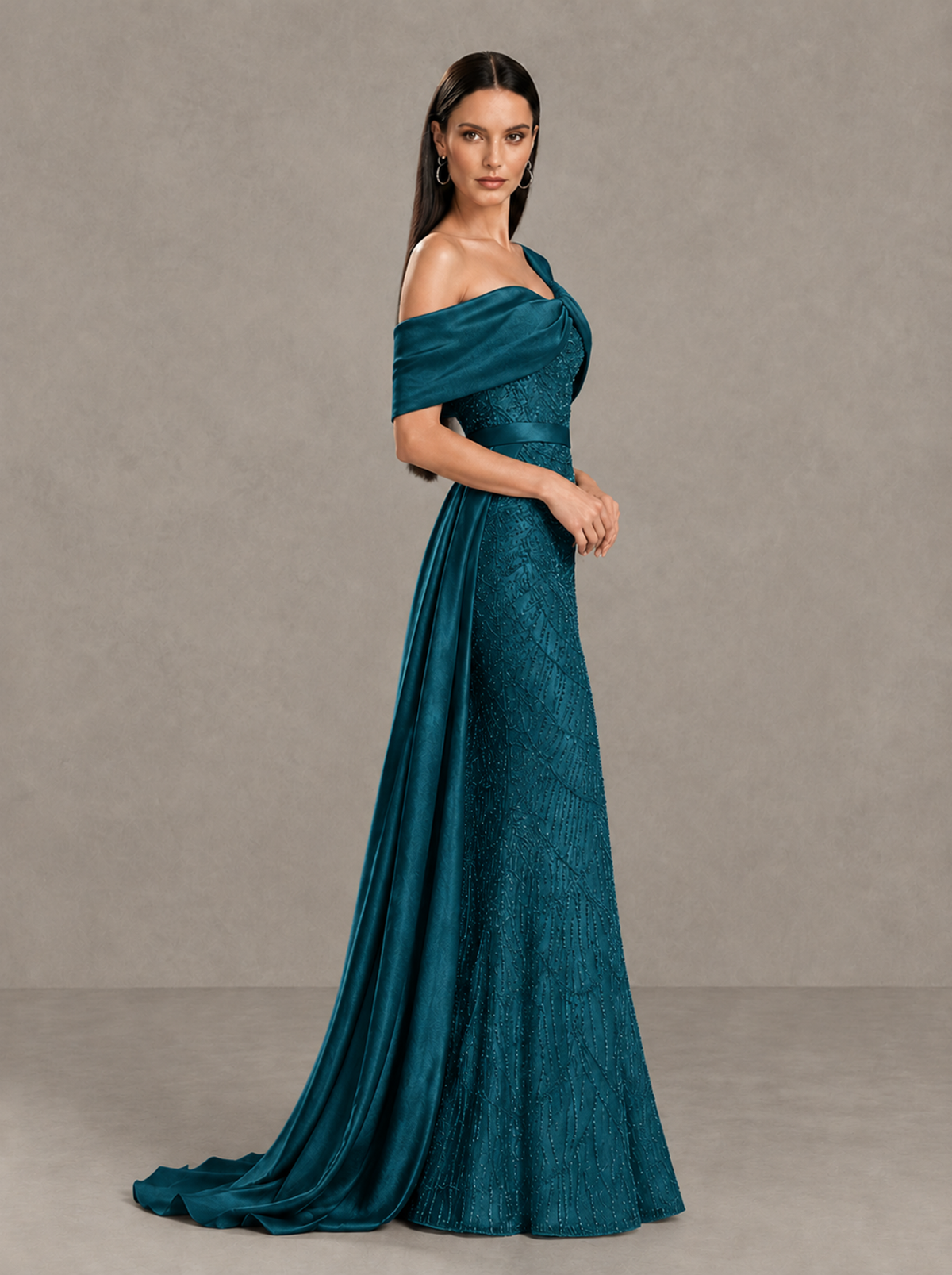 BOLODOO Peacock Asymmetric Draped Mermaid Evening Gown with Train - Peacock - Peacock (4)