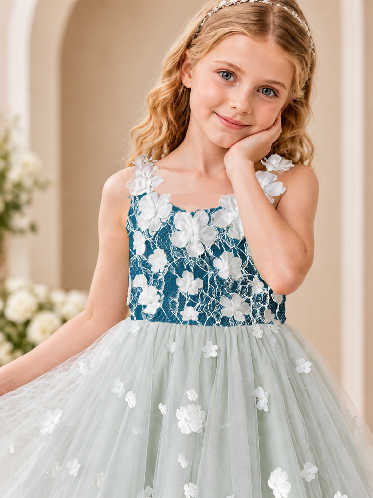BOLODOO Peacock Flower Girl Dress with Floral Appliqué and High-Low Tulle Skirt - Peacock