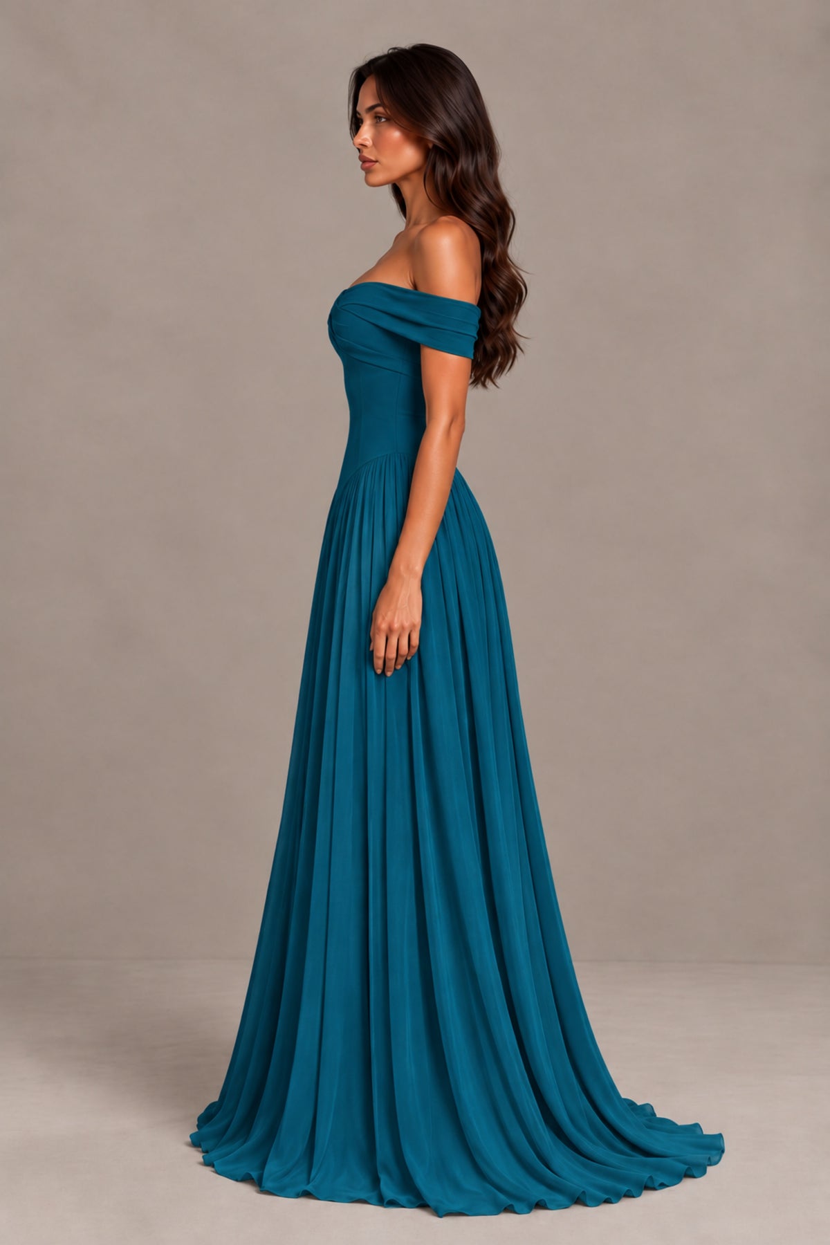 BOLODOO Peacock Off-Shoulder Sweetheart Corset Pleated Chiffon Maxi Dress - Peacock - Peacock (4)