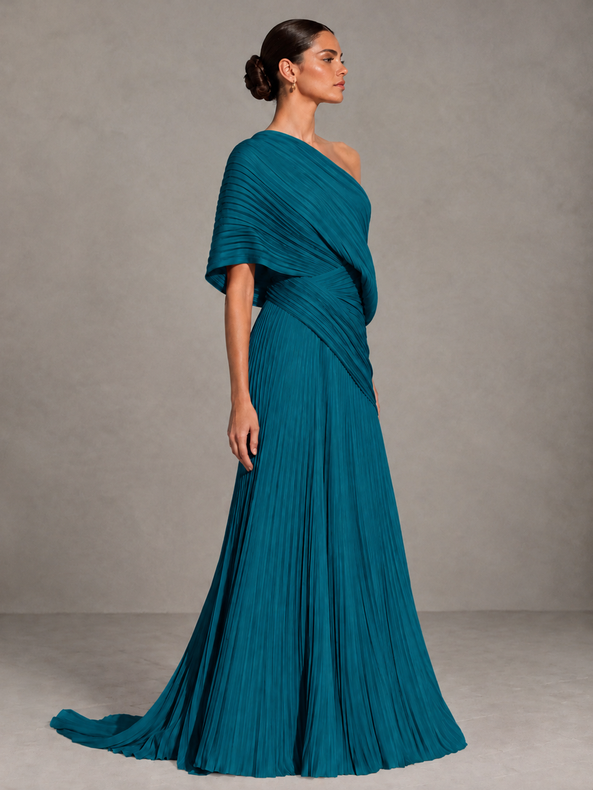 BOLODOO Peacock One-Shoulder Pleated Cape Evening Gown with Train - Peacock - Peacock (4)