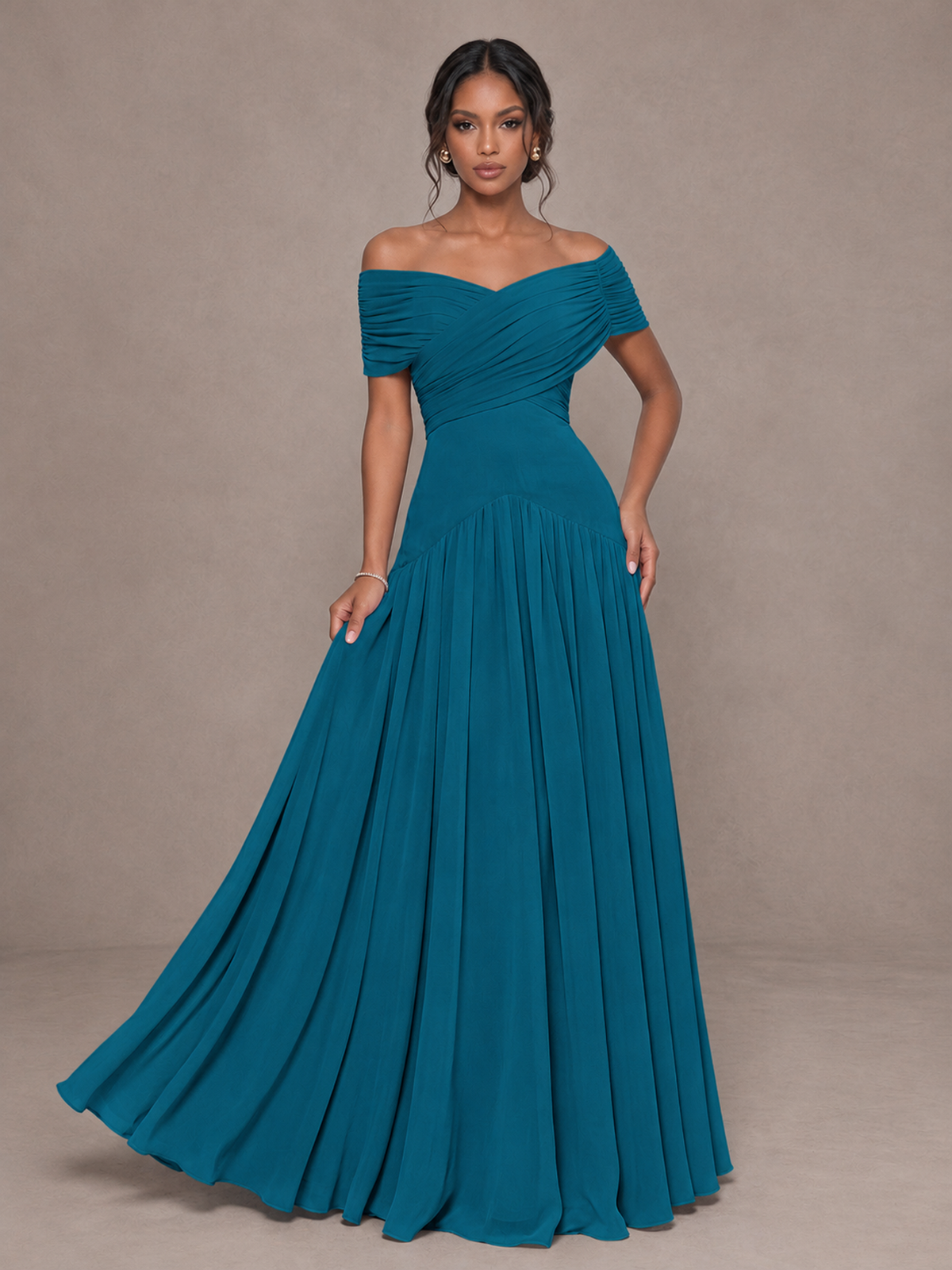 BOLODOO Peacock Off-Shoulder Ruched A-Line Bridesmaid Dress - Peacock - Peacock (4)