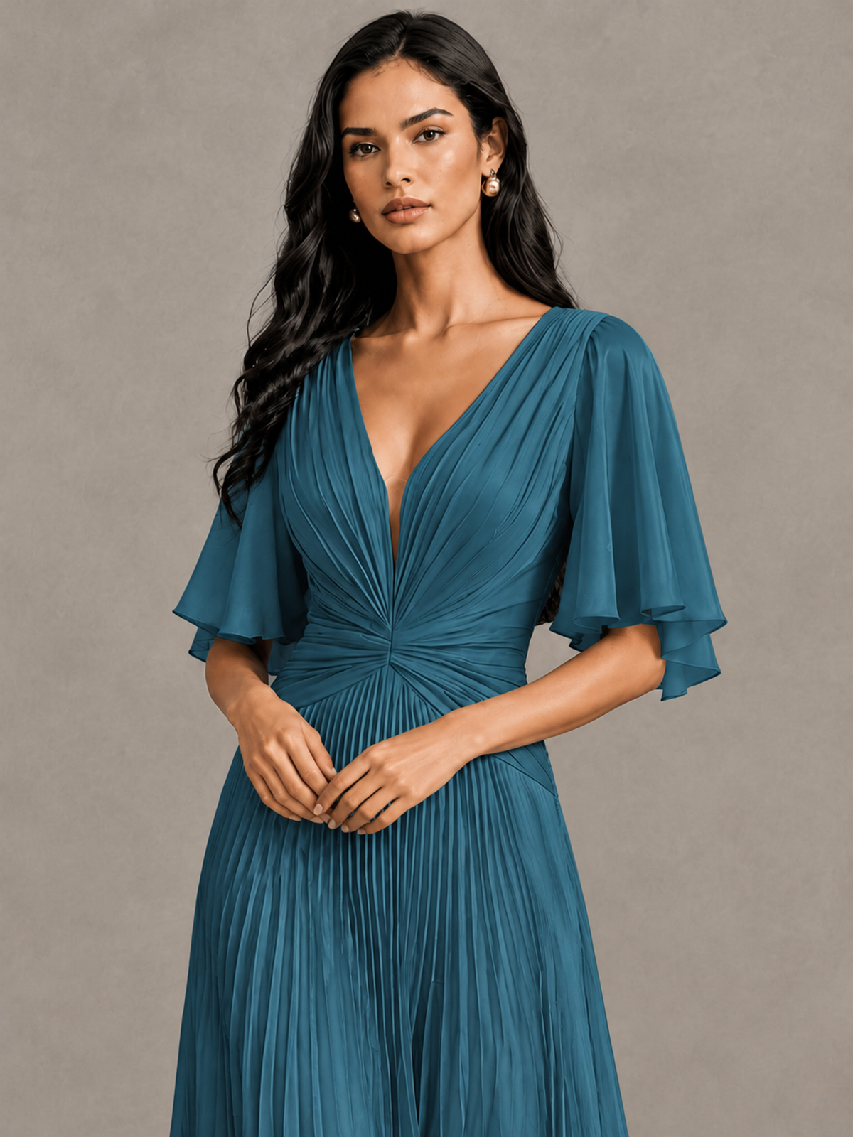 BOLODOO Peacock Pleated V-Neck Flutter Sleeve Bridesmaid Dress - Peacock - Peacock (4)