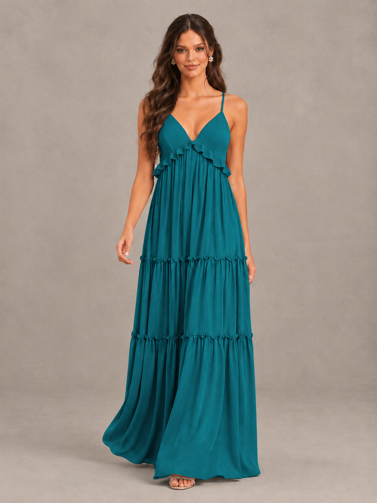 BOLODOO Peacock Tiered V-Neck Lace-Up Back Bridesmaid Dress - Peacock - Peacock (4)