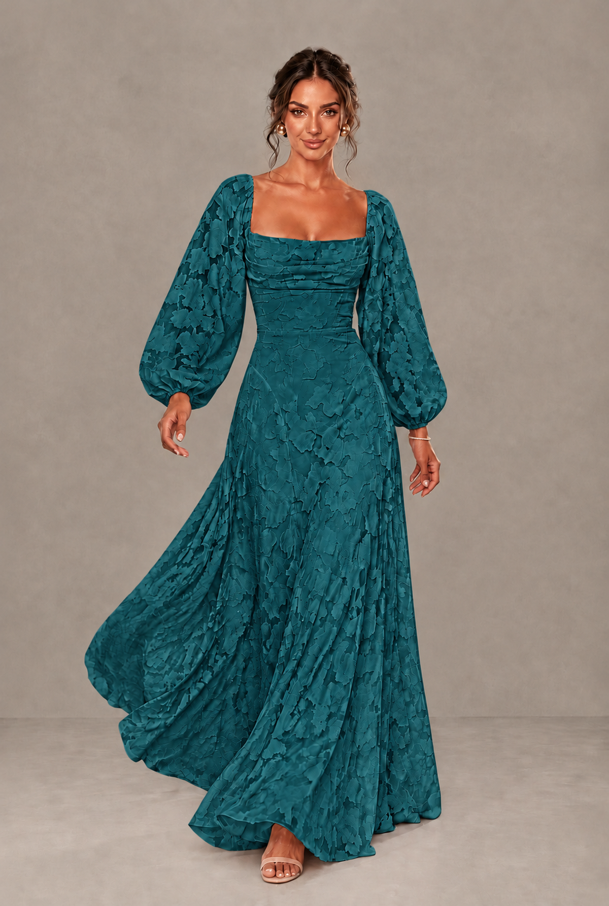 BOLODOO Floral Peacock Long Sleeve A-Line Dress with Lace-Up Back - Peacock