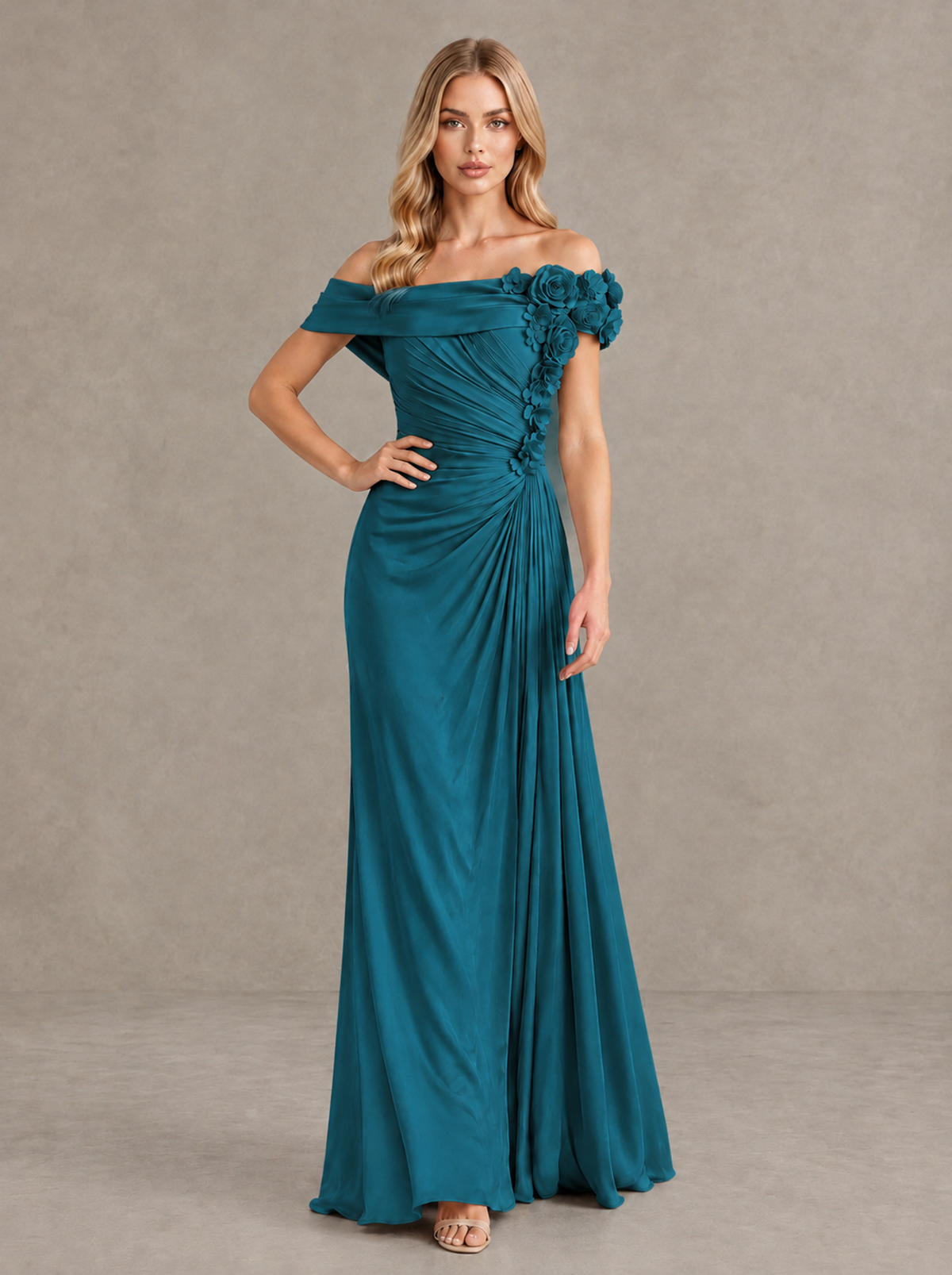 BOLODOO Peacock Off-Shoulder Floral Applique Wedding Guest Maxi Dress - Peacock - Peacock (4)