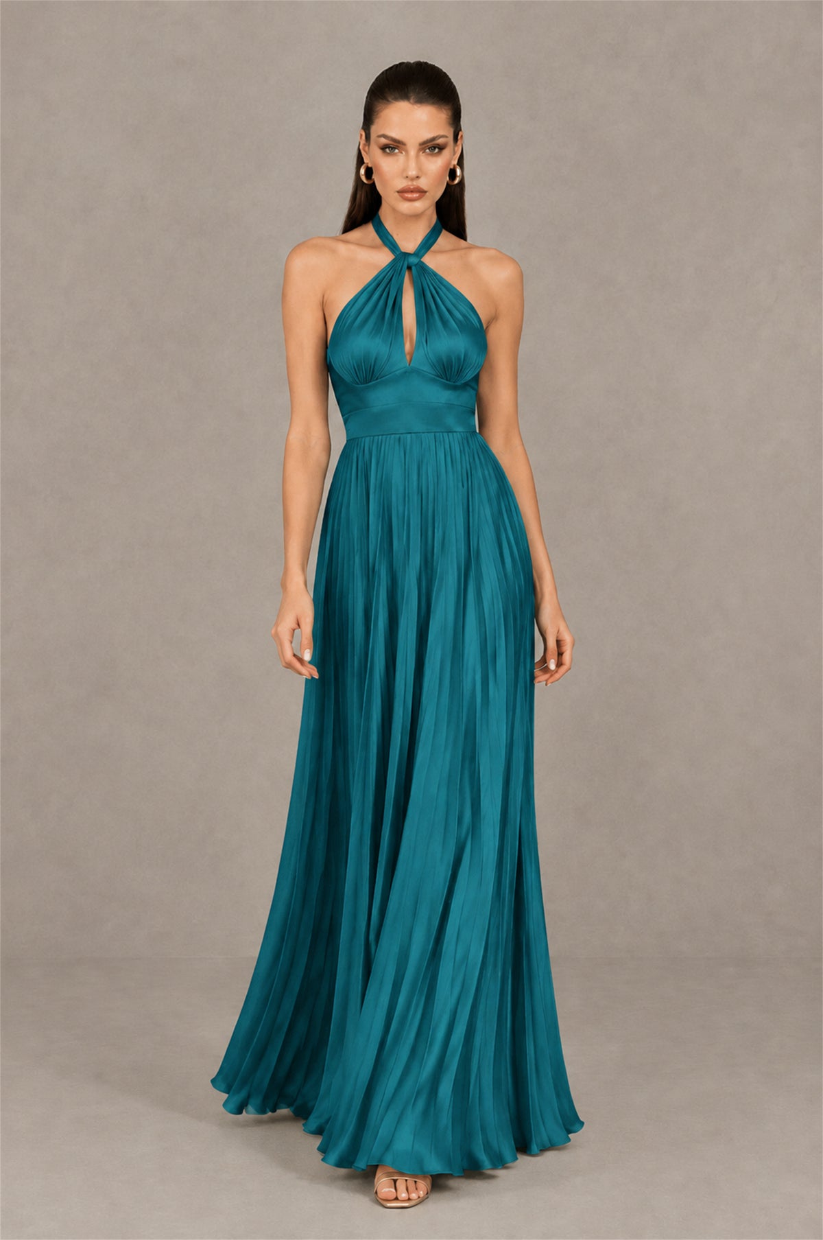 BOLODOO Peacock Halter Pleated A-Line Evening Dress - Peacock - Peacock (4)
