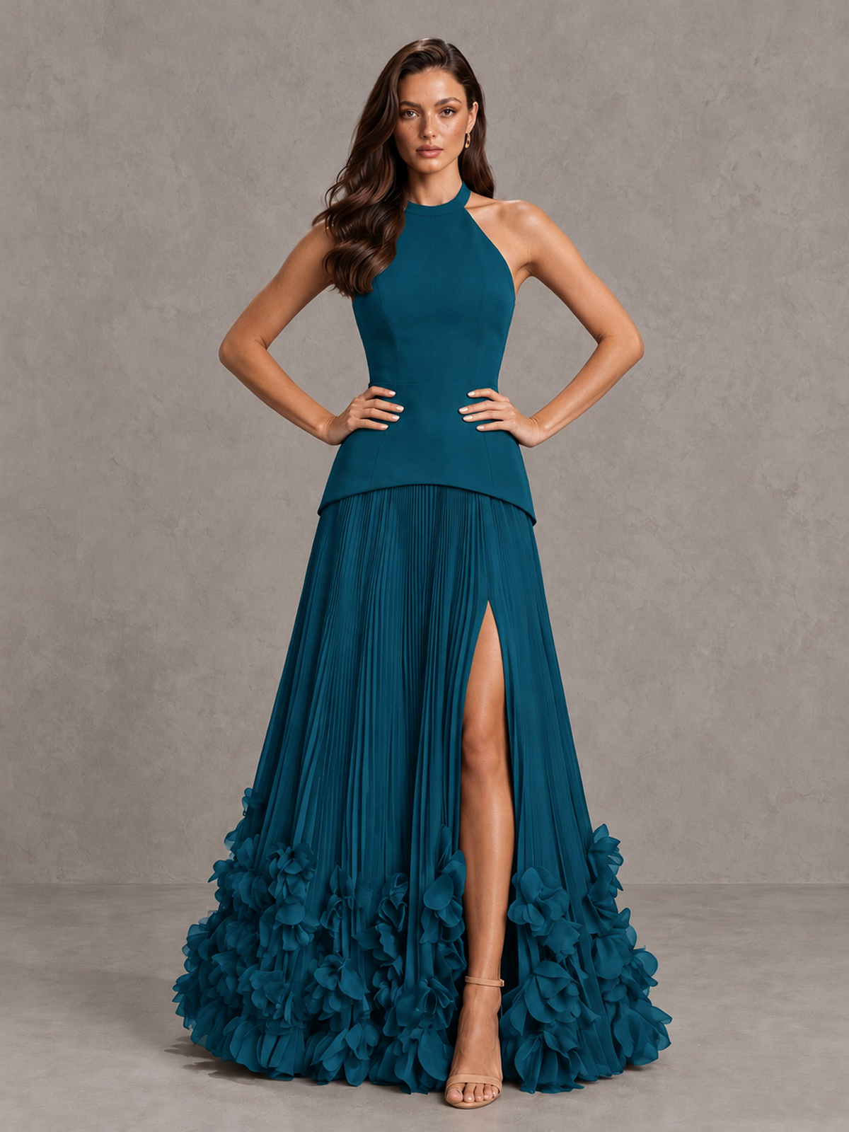 BOLODOO Peacock Halter Neck Floor-Length Evening Gown with High Slit & 3D Floral Hem - Peacock - Peacock (4)